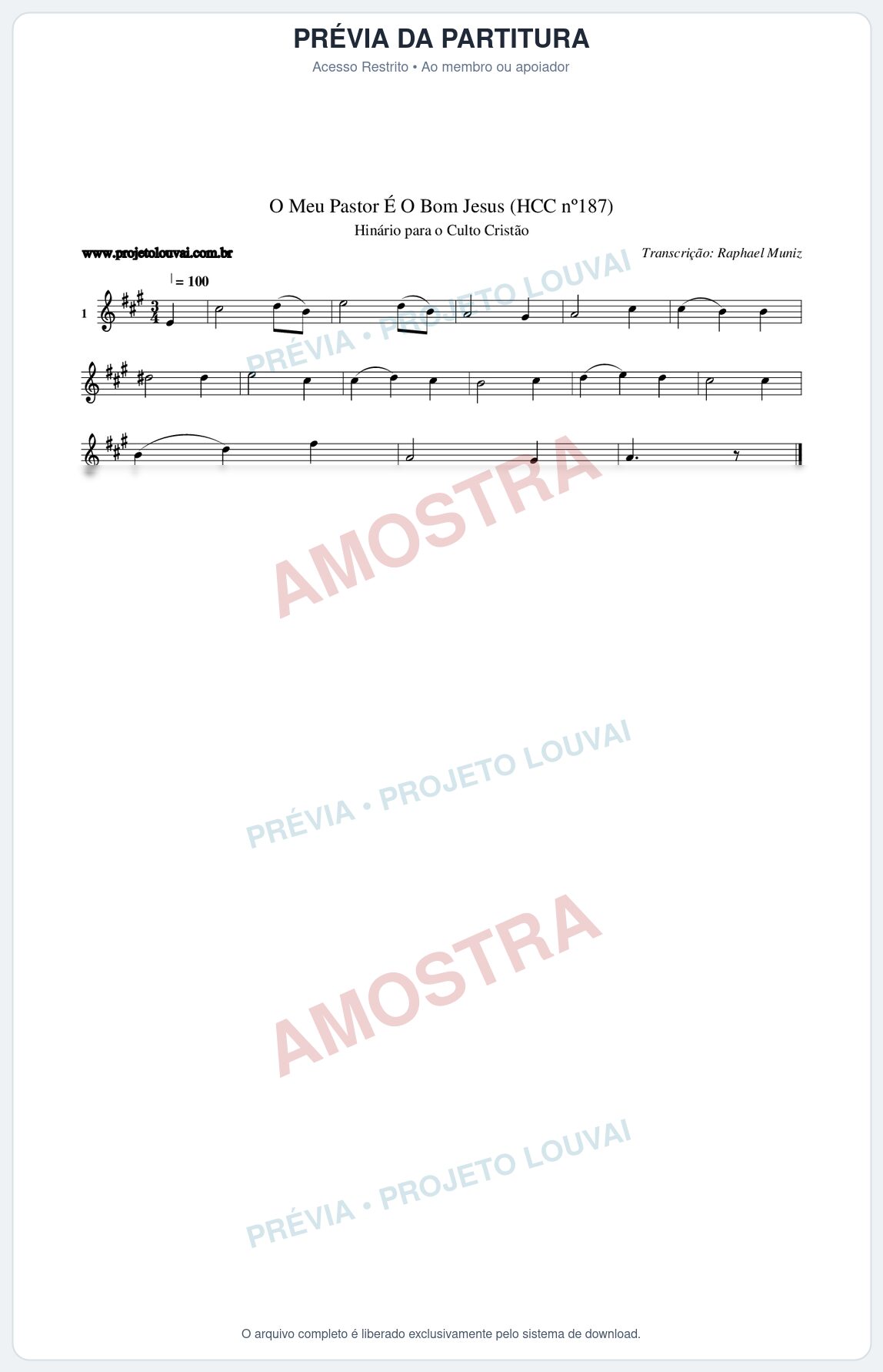 Prévia protegida da primeira página da partitura Partitura da música O Meu Pastor É O Bom Jesus (HCC nº187) - Hinário para o Culto Cristão - Tom A