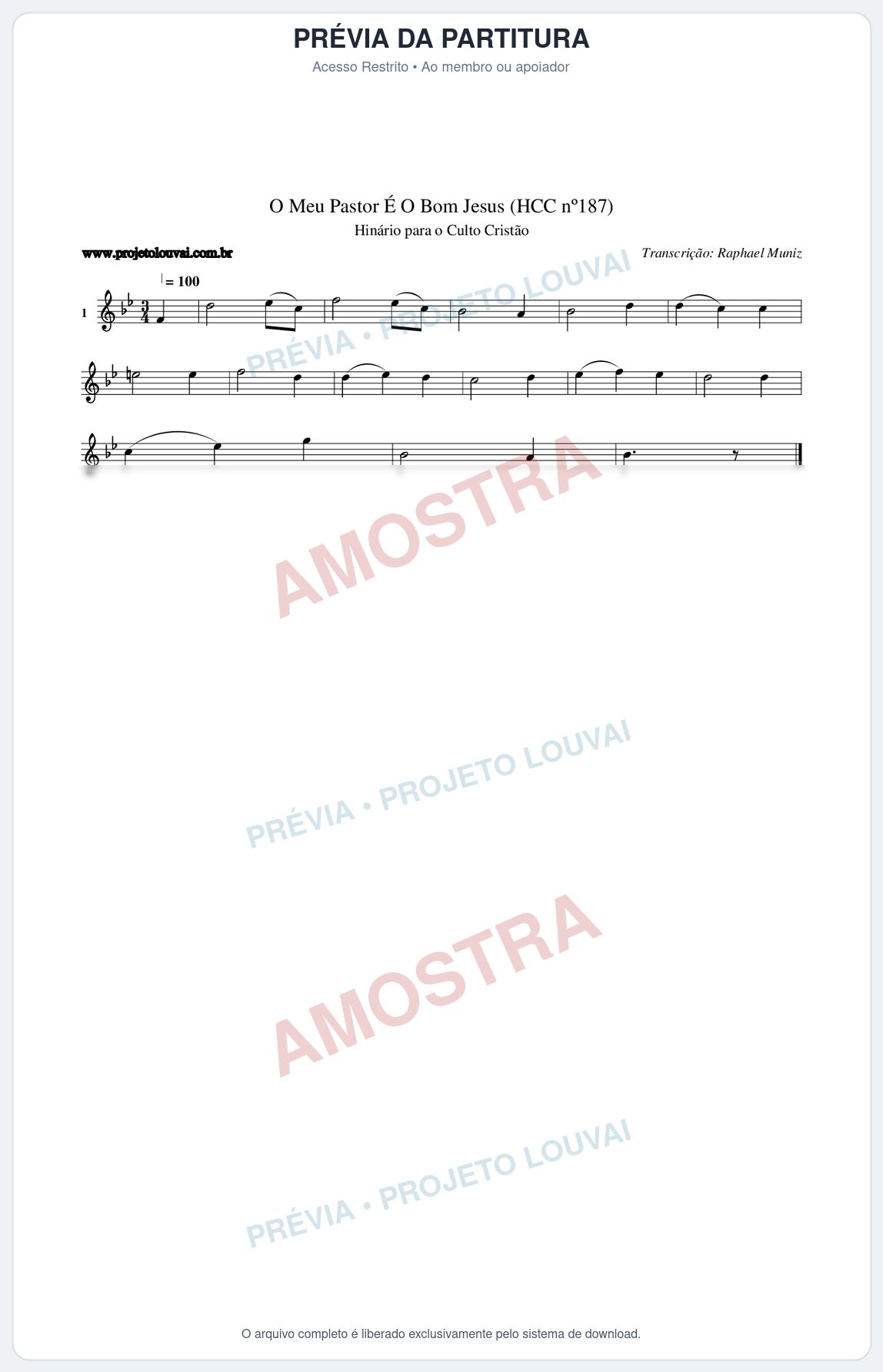 Prévia protegida da primeira página da partitura Partitura da música O Meu Pastor É O Bom Jesus (HCC nº187) - Hinário para o Culto Cristão - Tom Bb