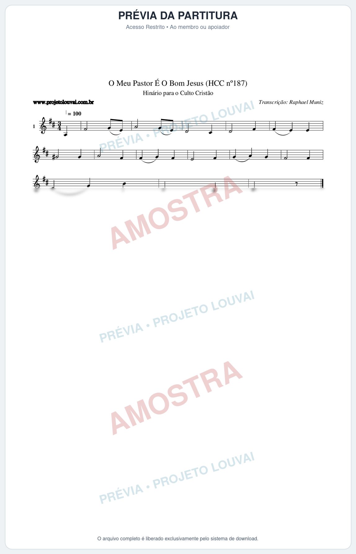 Prévia protegida da primeira página da partitura Partitura da música O Meu Pastor É O Bom Jesus (HCC nº187) - Hinário para o Culto Cristão - Tom D