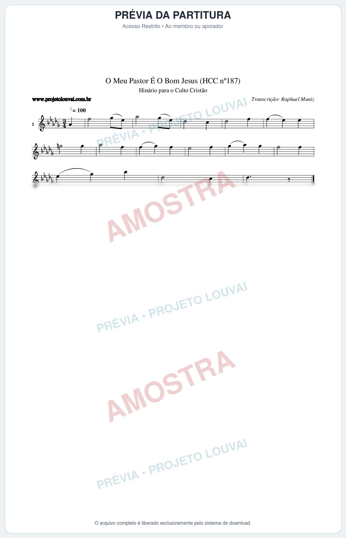 Prévia protegida da primeira página da partitura Partitura da música O Meu Pastor É O Bom Jesus (HCC nº187) - Hinário para o Culto Cristão - Tom Db