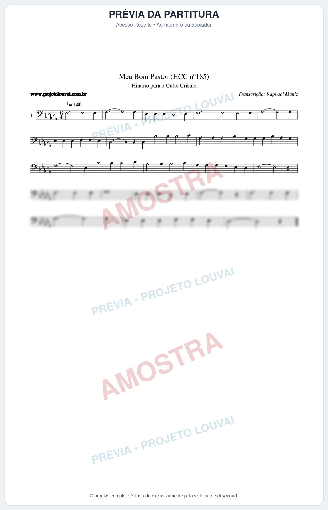 Prévia protegida da primeira página da partitura Partitura da música Meu Bom Pastor (HCC nº185) - Hinário para o Culto Cristão - Tom Db