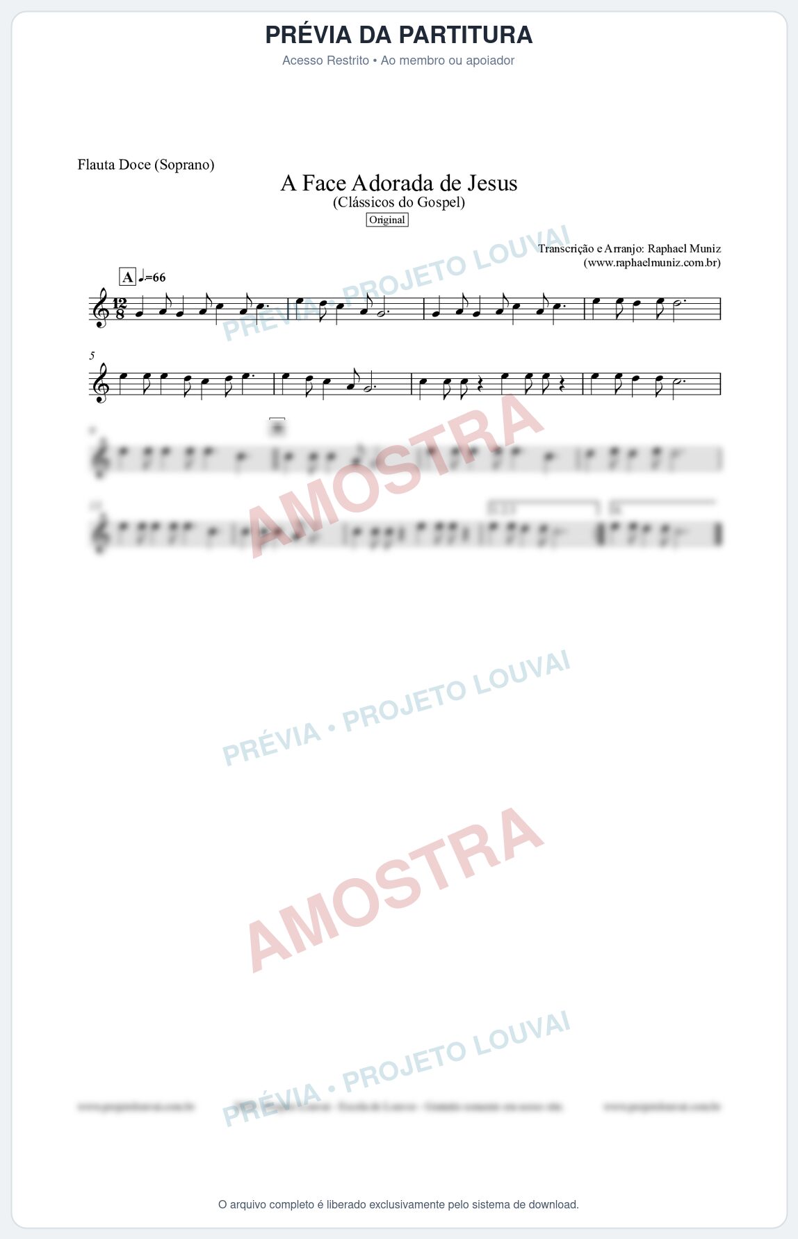 Prévia protegida da primeira página da partitura Partitura para Flauta Doce (Soprano) - A Face Adorada de Jesus - Harpa Cristã 304 (Tom C) - Clássicos do Gospel