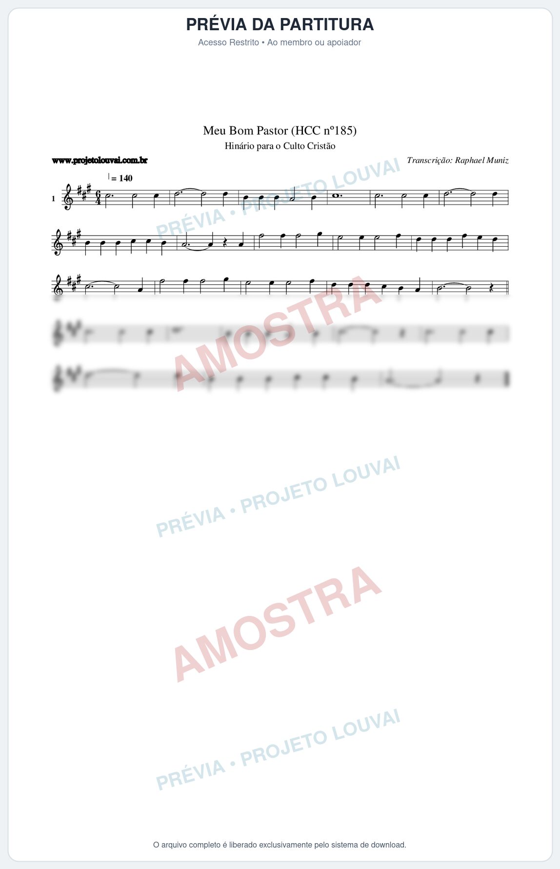 Prévia protegida da primeira página da partitura Partitura da música Meu Bom Pastor (HCC nº185) - Hinário para o Culto Cristão - Tom A