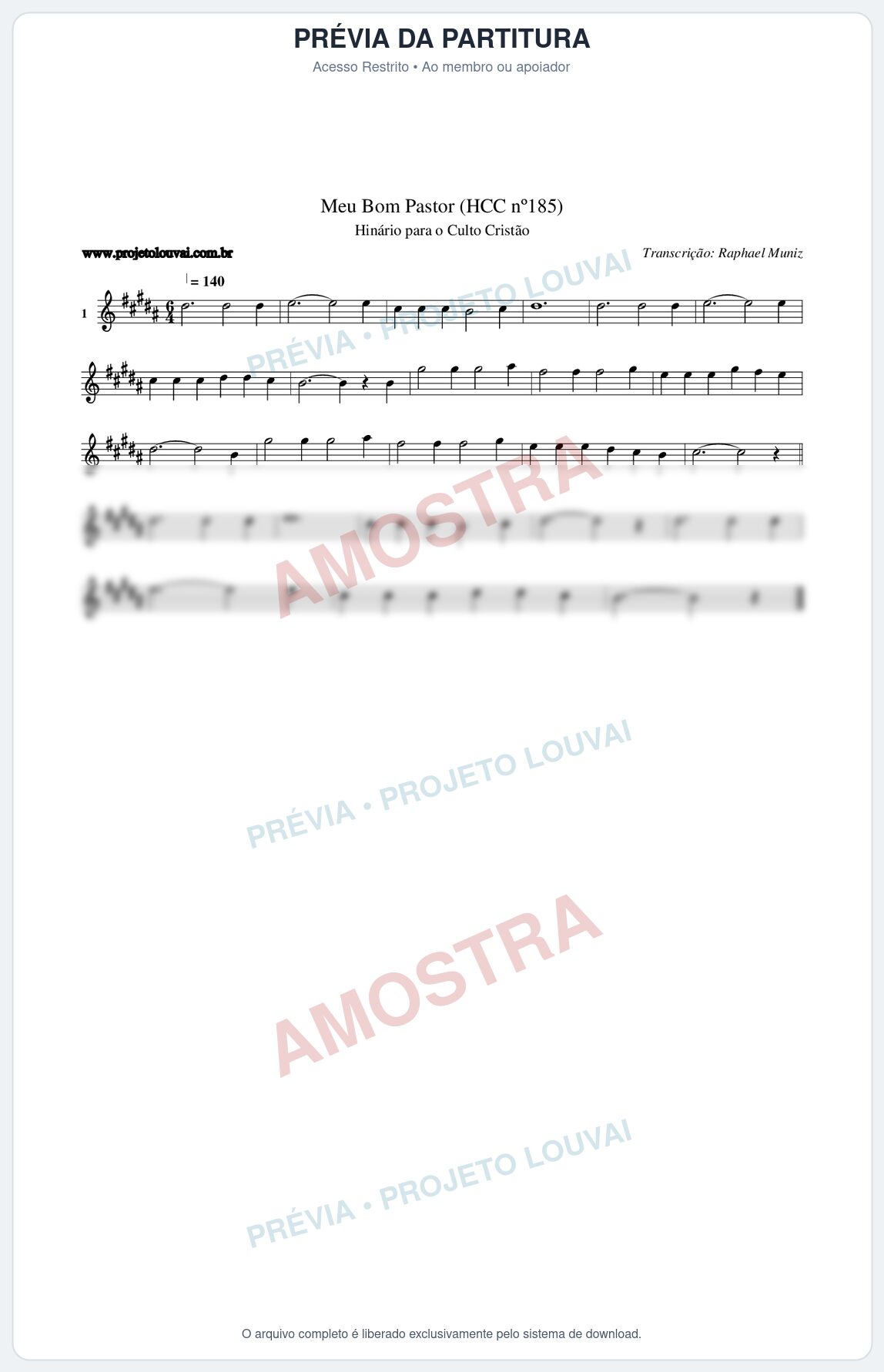 Prévia protegida da primeira página da partitura Partitura da música Meu Bom Pastor (HCC nº185) - Hinário para o Culto Cristão - Tom B
