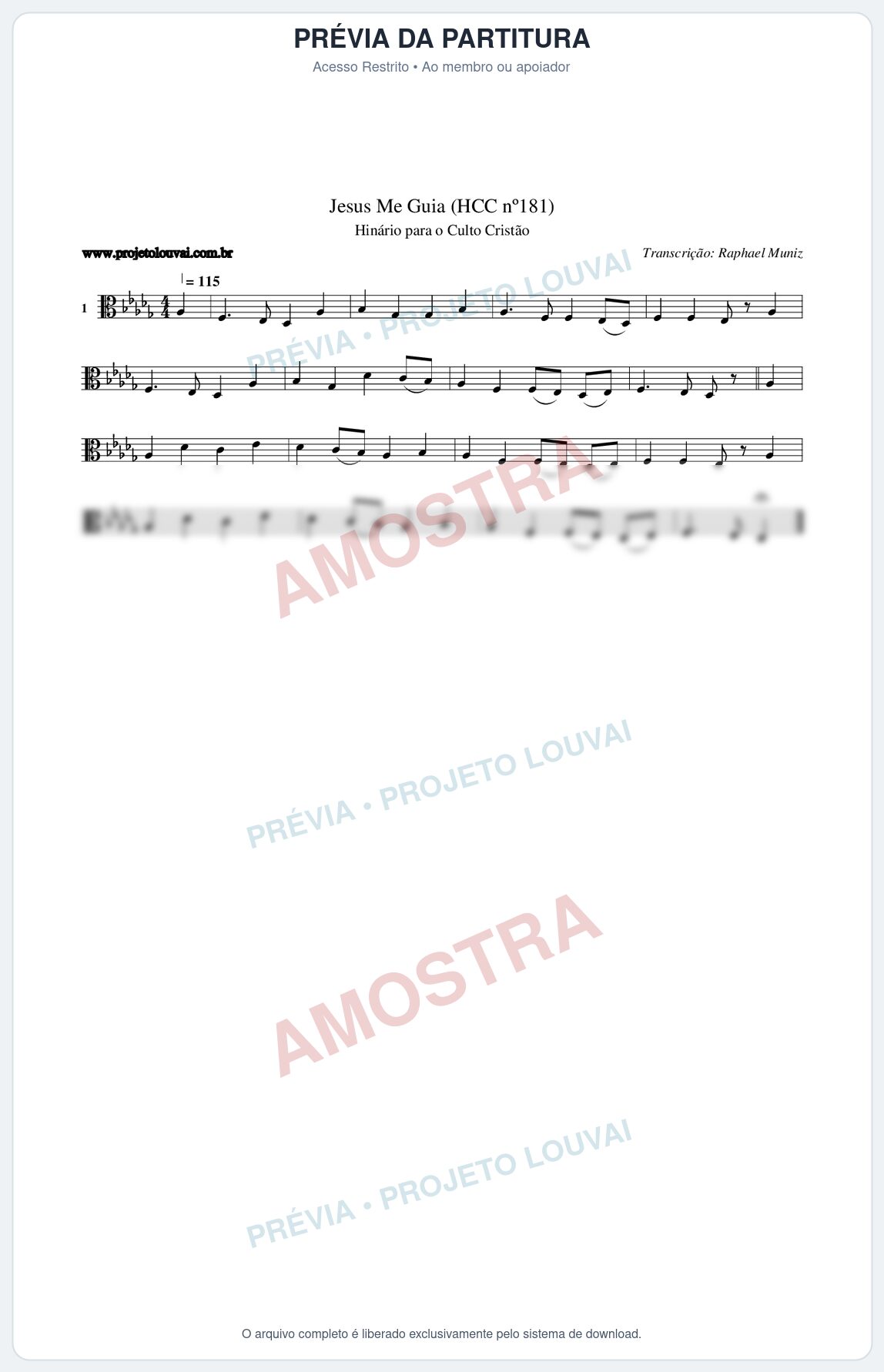 Prévia protegida da primeira página da partitura Partitura da música Jesus Me Guia (HCC nº181) - Hinário para o Culto Cristão - Tom Db