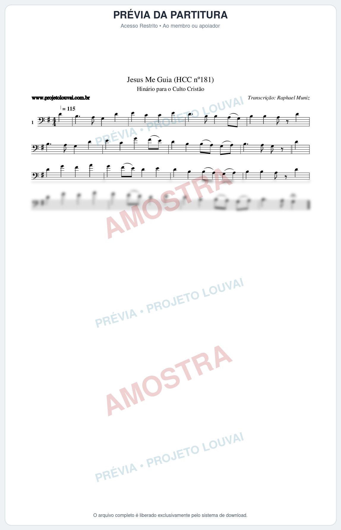 Prévia protegida da primeira página da partitura Partitura da música Jesus Me Guia (HCC nº181) - Hinário para o Culto Cristão - Tom G