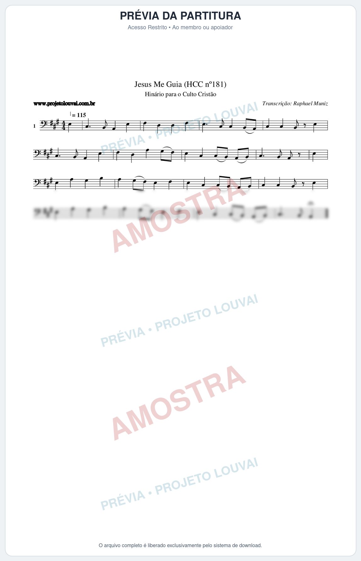 Prévia protegida da primeira página da partitura Partitura da música Jesus Me Guia (HCC nº181) - Hinário para o Culto Cristão - Tom A