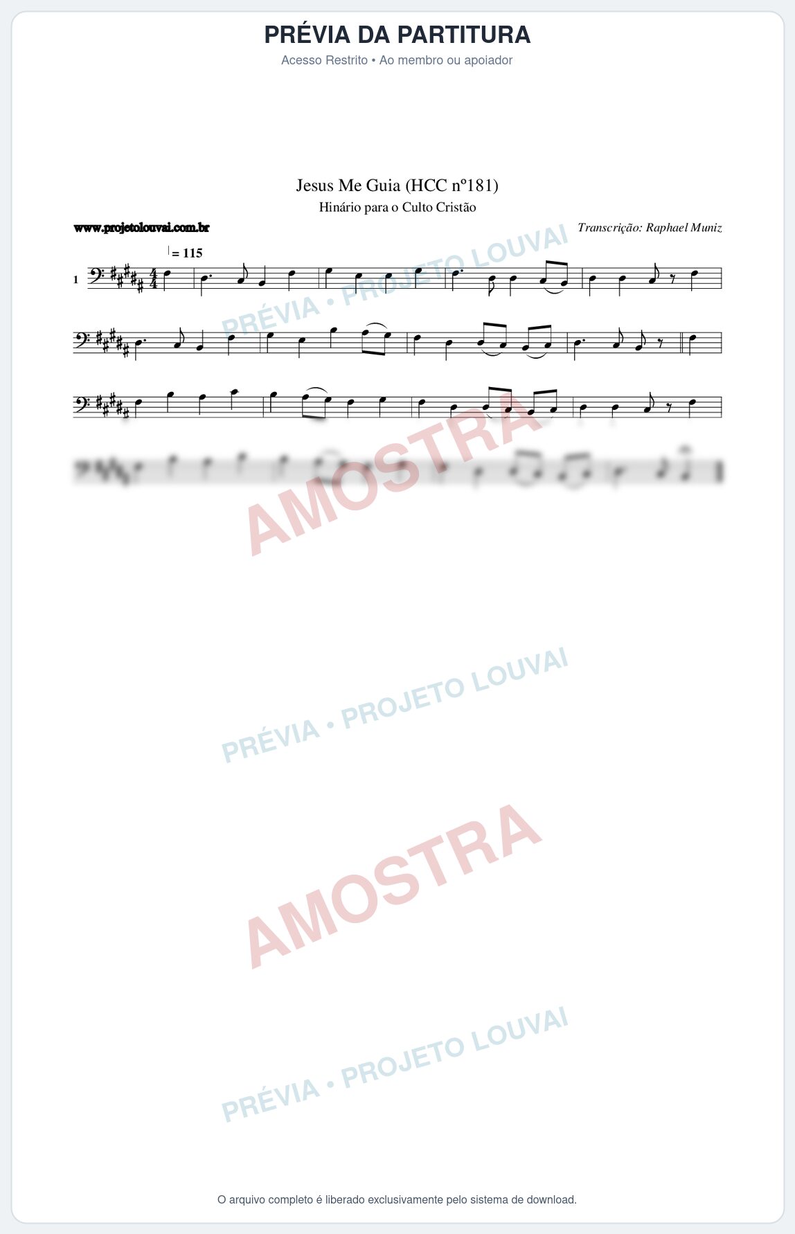 Prévia protegida da primeira página da partitura Partitura da música Jesus Me Guia (HCC nº181) - Hinário para o Culto Cristão - Tom B