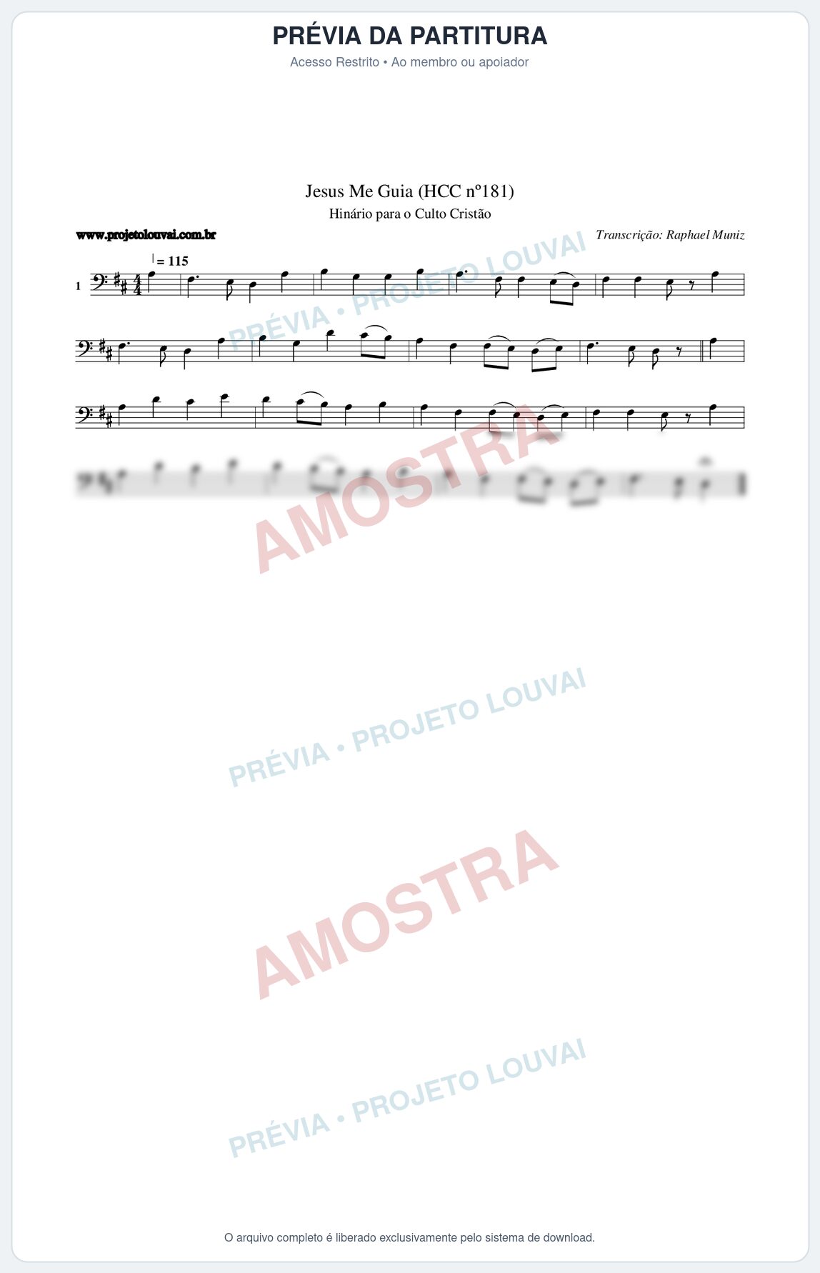 Prévia protegida da primeira página da partitura Partitura da música Jesus Me Guia (HCC nº181) - Hinário para o Culto Cristão - Tom D
