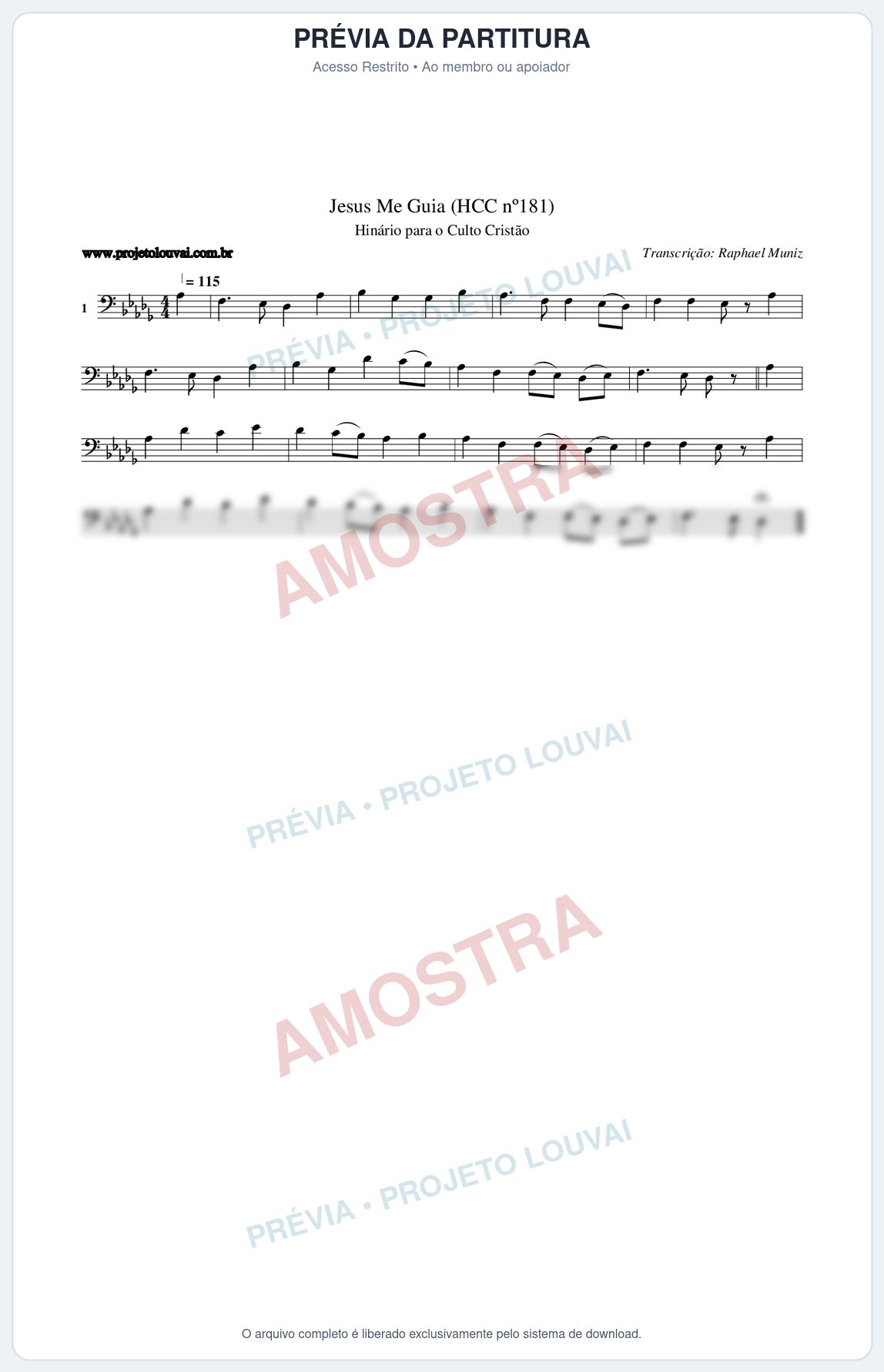 Prévia protegida da primeira página da partitura Partitura da música Jesus Me Guia (HCC nº181) - Hinário para o Culto Cristão - Tom Db