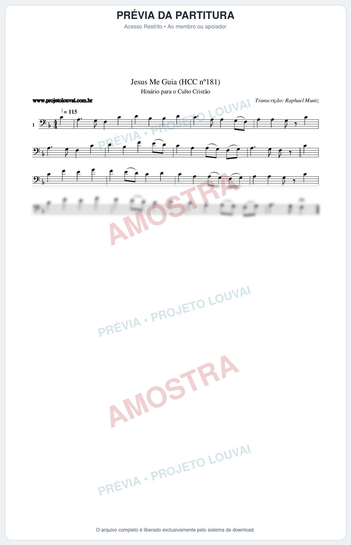 Prévia protegida da primeira página da partitura Partitura da música Jesus Me Guia (HCC nº181) - Hinário para o Culto Cristão - Tom F