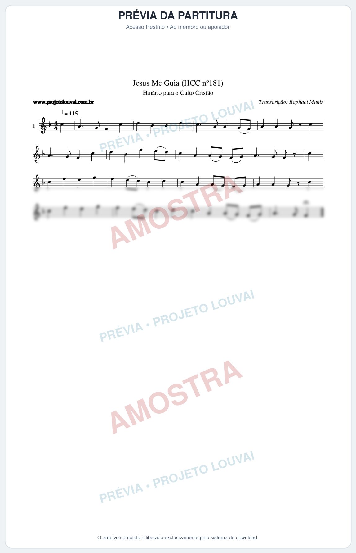 Prévia protegida da primeira página da partitura Partitura da música Jesus Me Guia (HCC nº181) - Hinário para o Culto Cristão - Tom F