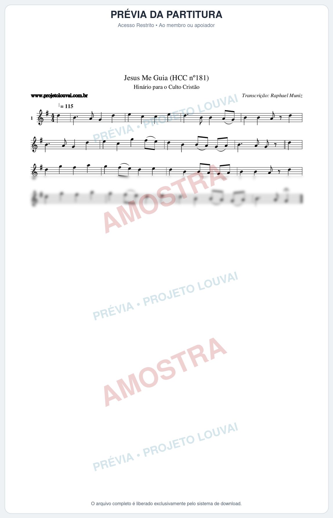Prévia protegida da primeira página da partitura Partitura da música Jesus Me Guia (HCC nº181) - Hinário para o Culto Cristão - Tom G