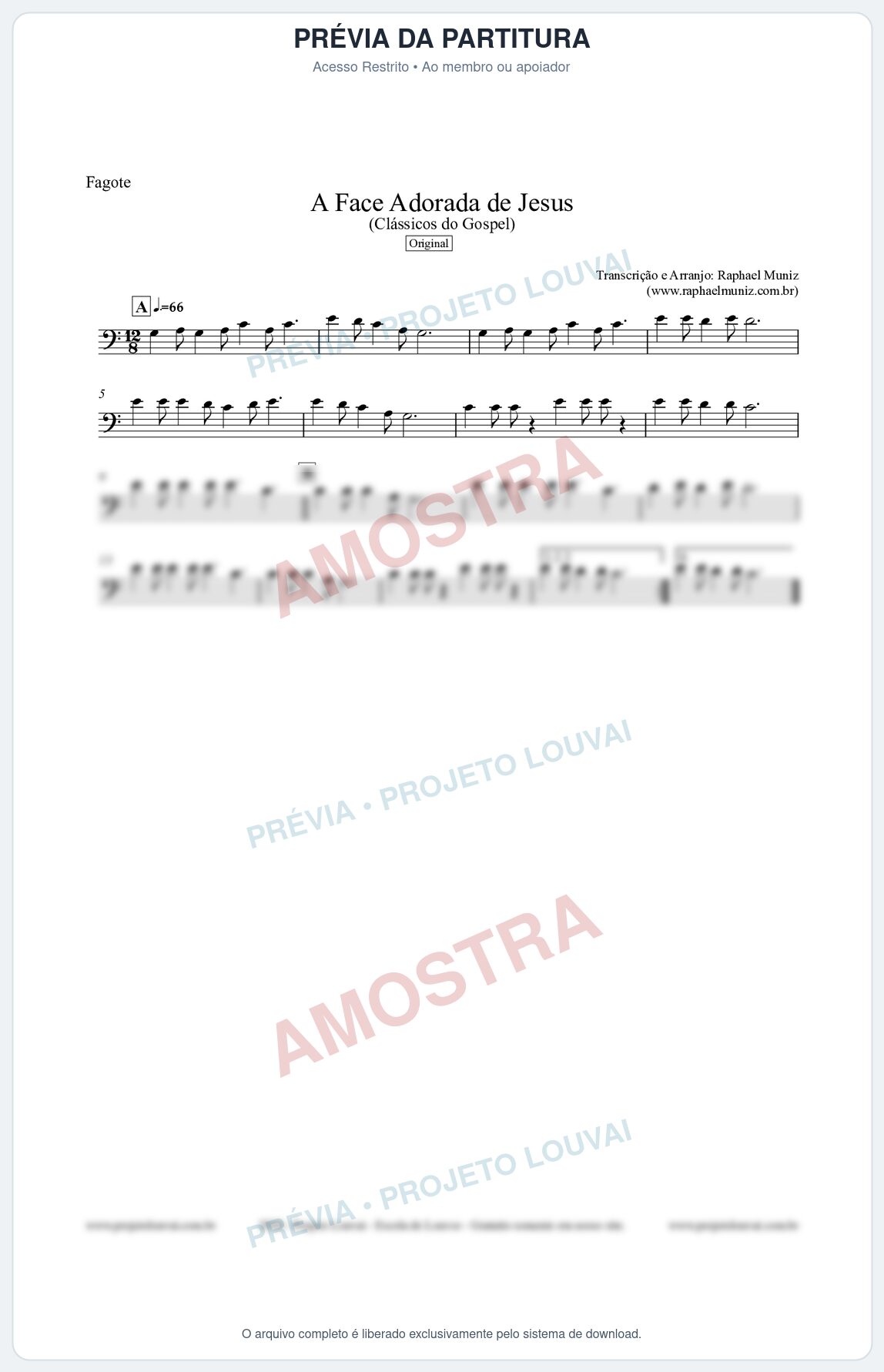 Prévia protegida da primeira página da partitura Partitura para Fagote - A Face Adorada de Jesus - Harpa Cristã 304 (Tom C) - Clássicos do Gospel