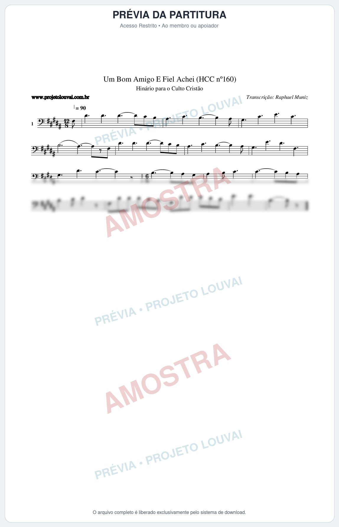Prévia protegida da primeira página da partitura Partitura da música Um Bom Amigo E Fiel Achei (HCC nº160) - Hinário para o Culto Cristão - Tom B