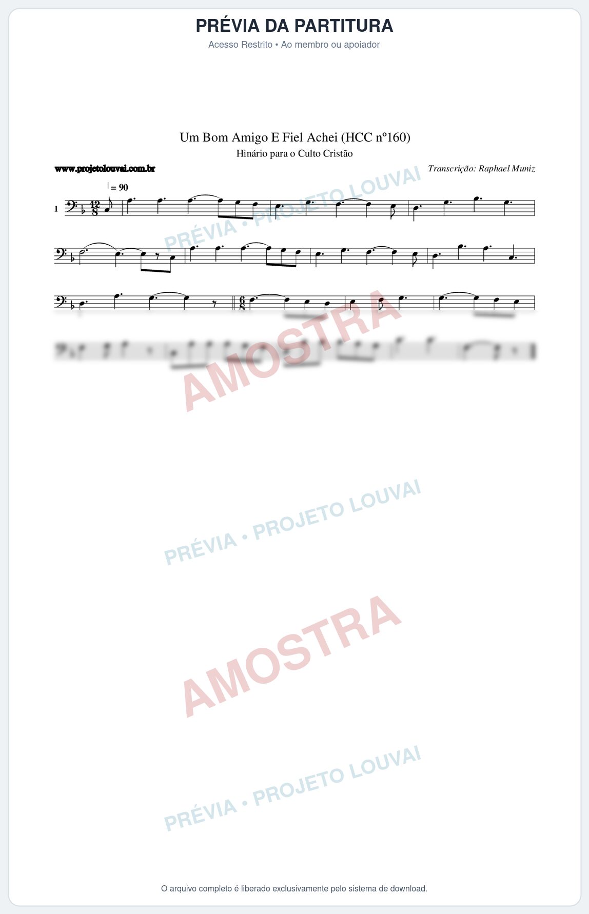 Prévia protegida da primeira página da partitura Partitura da música Um Bom Amigo E Fiel Achei (HCC nº160) - Hinário para o Culto Cristão - Tom F
