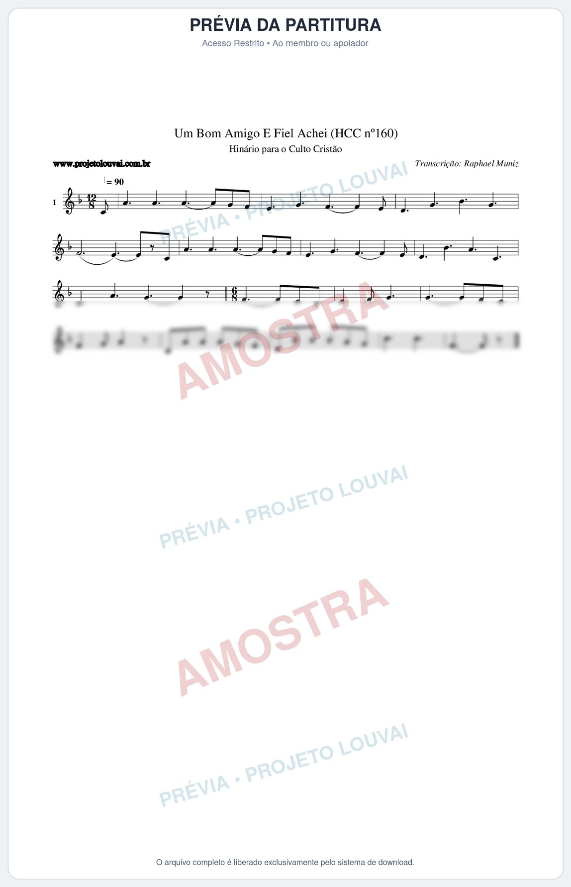 Prévia protegida da primeira página da partitura Partitura da música Um Bom Amigo E Fiel Achei (HCC nº160) - Hinário para o Culto Cristão - Tom F