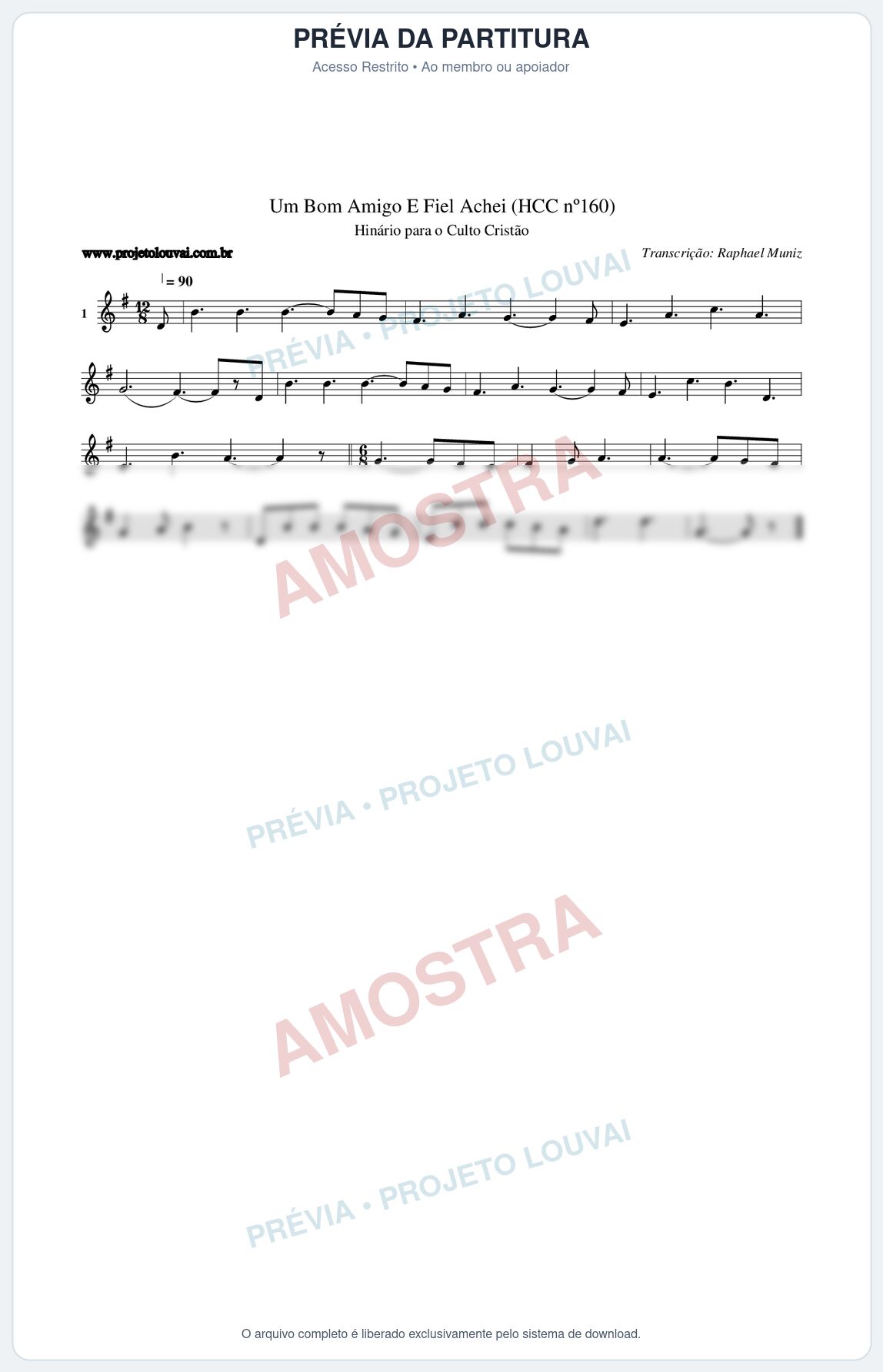 Prévia protegida da primeira página da partitura Partitura da música Um Bom Amigo E Fiel Achei (HCC nº160) - Hinário para o Culto Cristão - Tom G