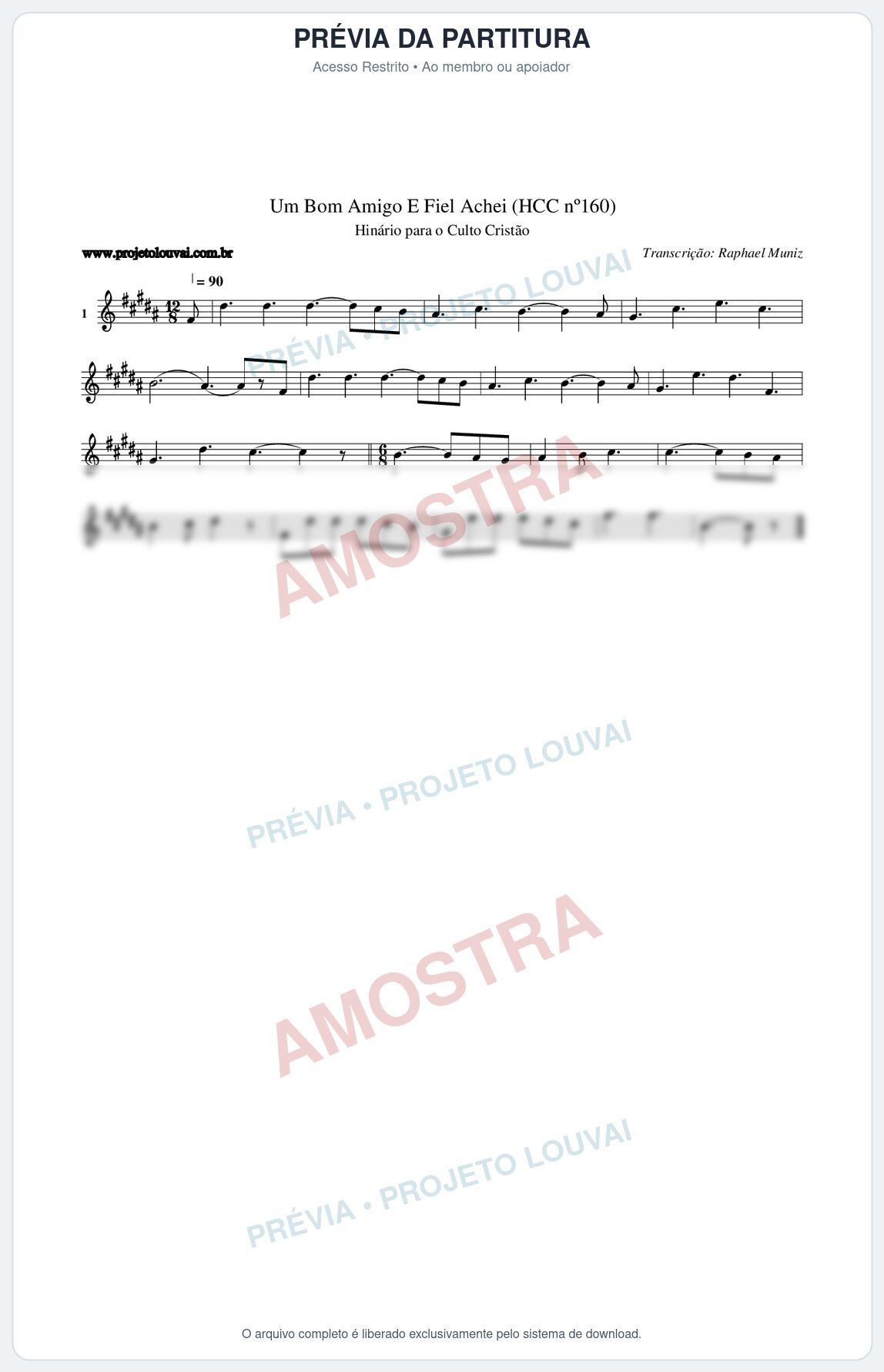 Prévia protegida da primeira página da partitura Partitura da música Um Bom Amigo E Fiel Achei (HCC nº160) - Hinário para o Culto Cristão - Tom B