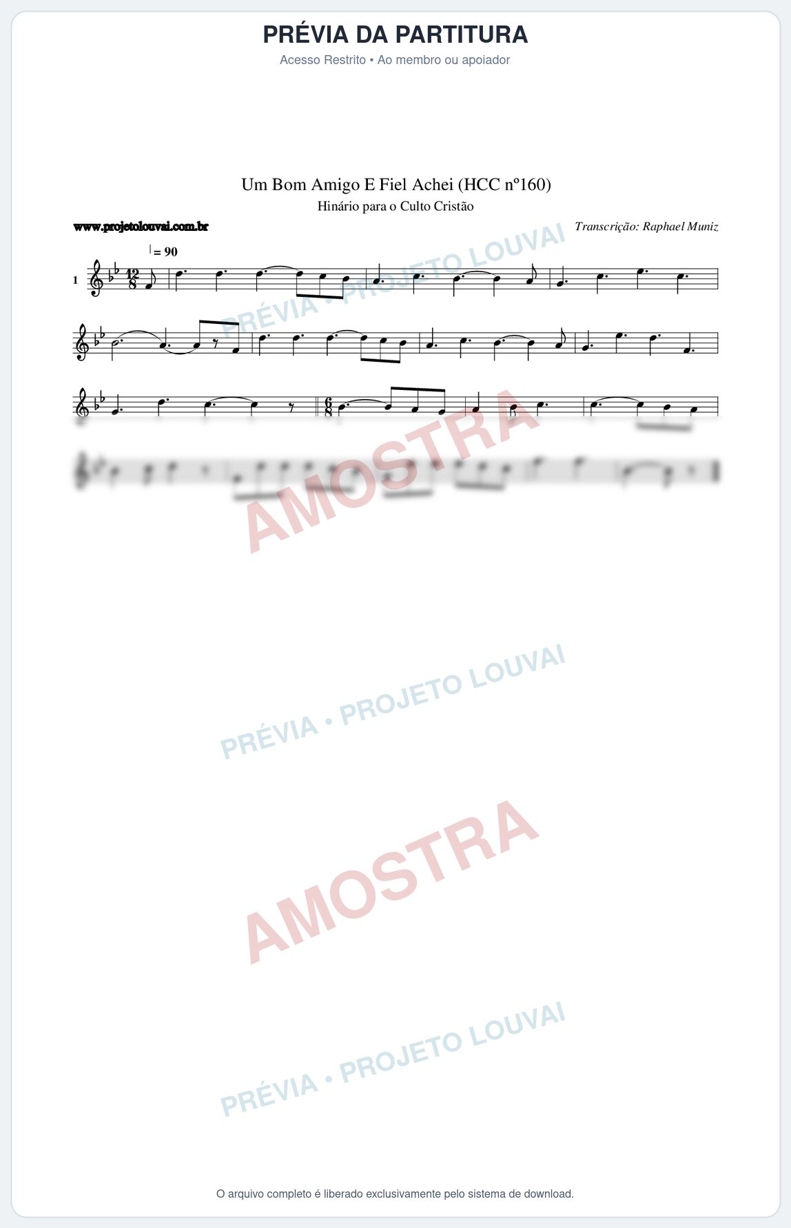 Prévia protegida da primeira página da partitura Partitura da música Um Bom Amigo E Fiel Achei (HCC nº160) - Hinário para o Culto Cristão - Tom Bb