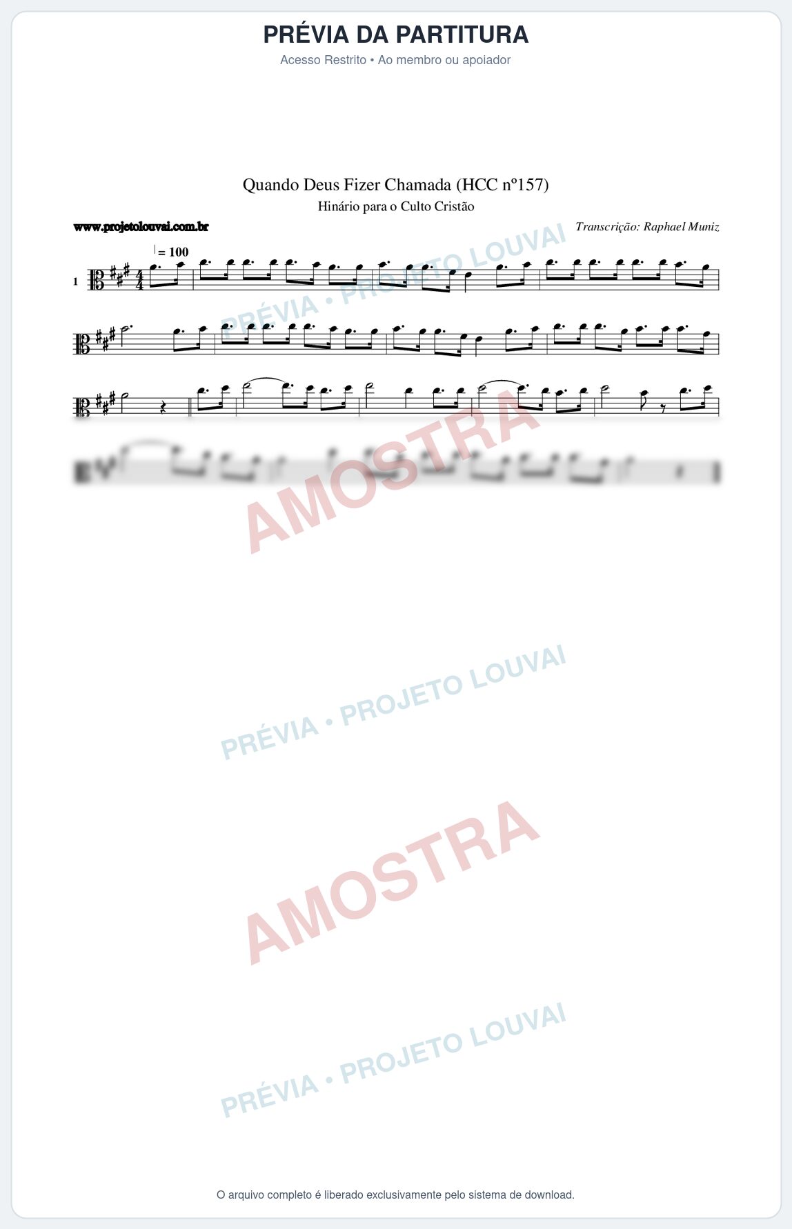 Prévia protegida da primeira página da partitura Partitura da música Quando Deus Fizer Chamada (HCC nº157) - Hinário para o Culto Cristão - Tom A