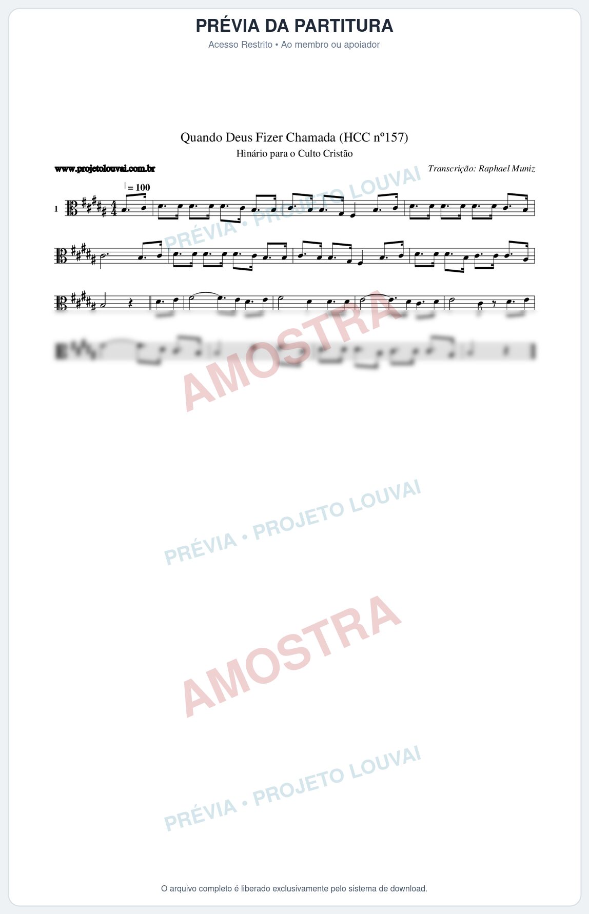 Prévia protegida da primeira página da partitura Partitura da música Quando Deus Fizer Chamada (HCC nº157) - Hinário para o Culto Cristão - Tom B