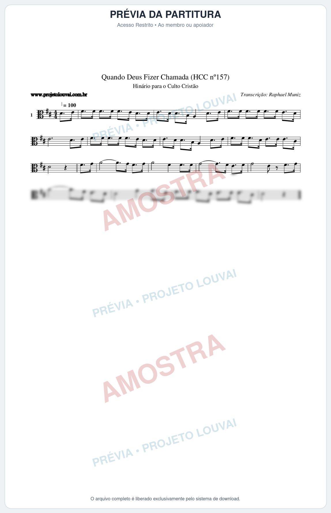 Prévia protegida da primeira página da partitura Partitura da música Quando Deus Fizer Chamada (HCC nº157) - Hinário para o Culto Cristão - Tom D