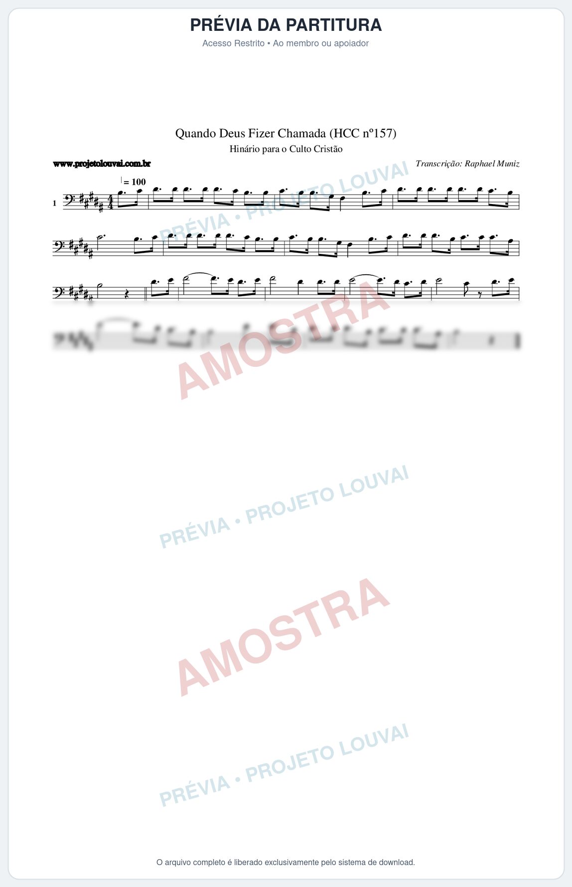 Prévia protegida da primeira página da partitura Partitura da música Quando Deus Fizer Chamada (HCC nº157) - Hinário para o Culto Cristão - Tom B