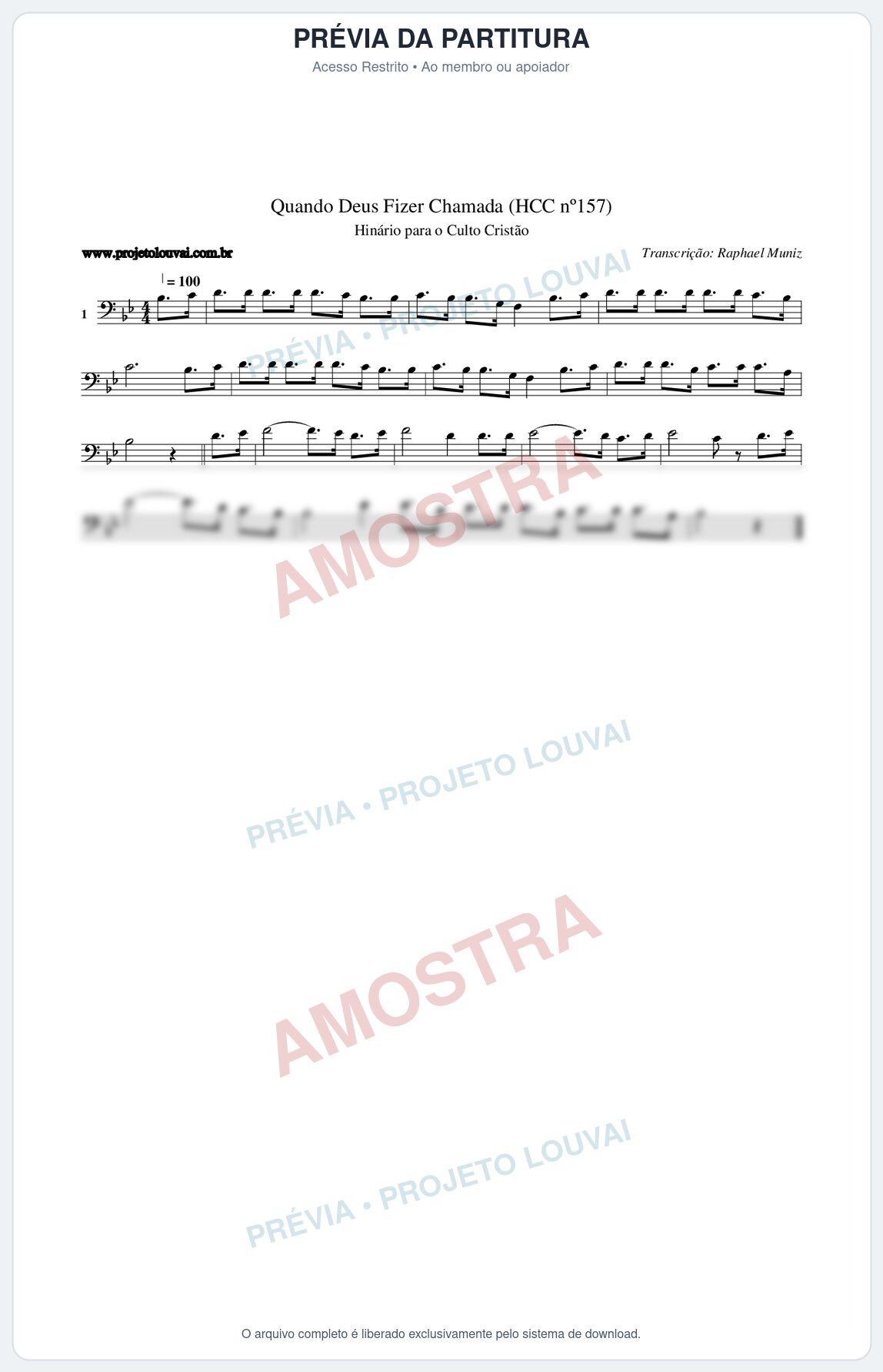 Prévia protegida da primeira página da partitura Partitura da música Quando Deus Fizer Chamada (HCC nº157) - Hinário para o Culto Cristão - Tom Bb