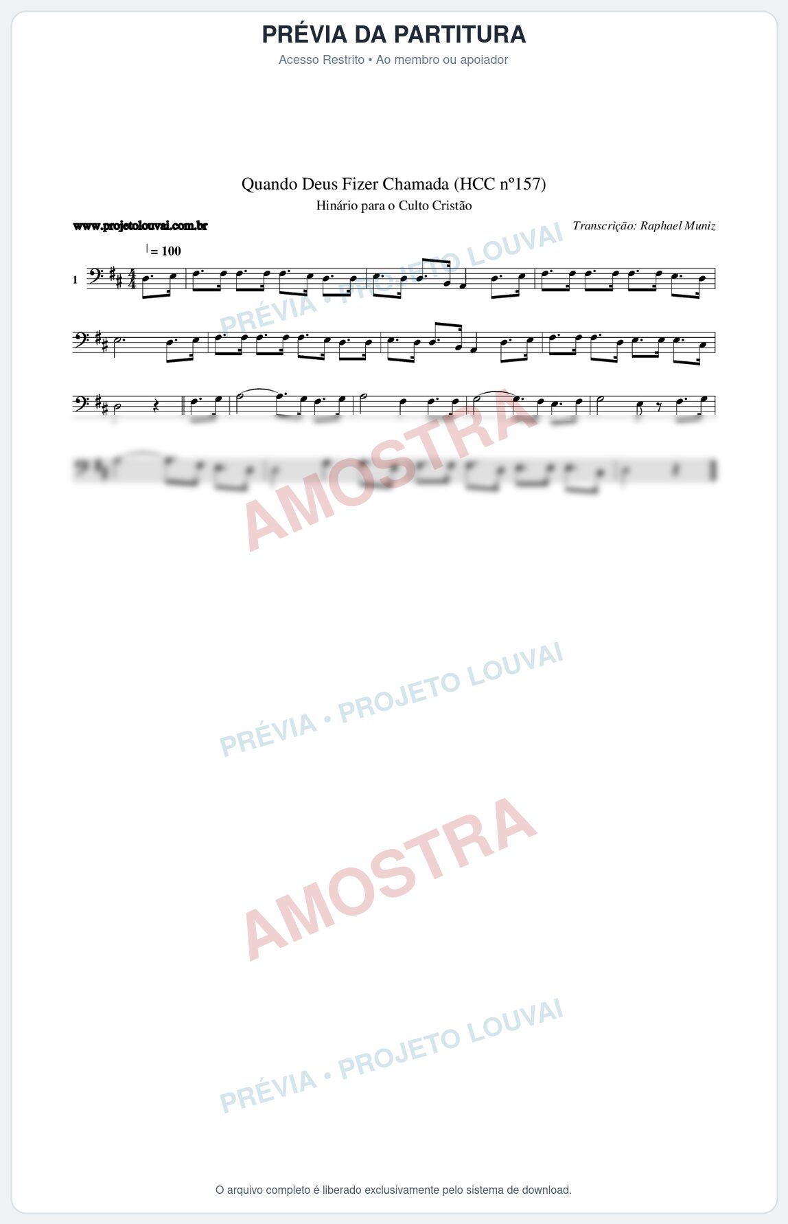 Prévia protegida da primeira página da partitura Partitura da música Quando Deus Fizer Chamada (HCC nº157) - Hinário para o Culto Cristão - Tom D
