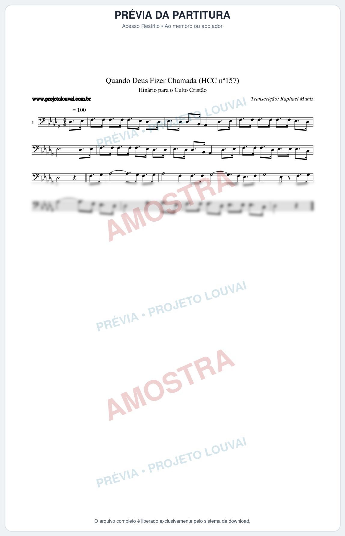 Prévia protegida da primeira página da partitura Partitura da música Quando Deus Fizer Chamada (HCC nº157) - Hinário para o Culto Cristão - Tom Db