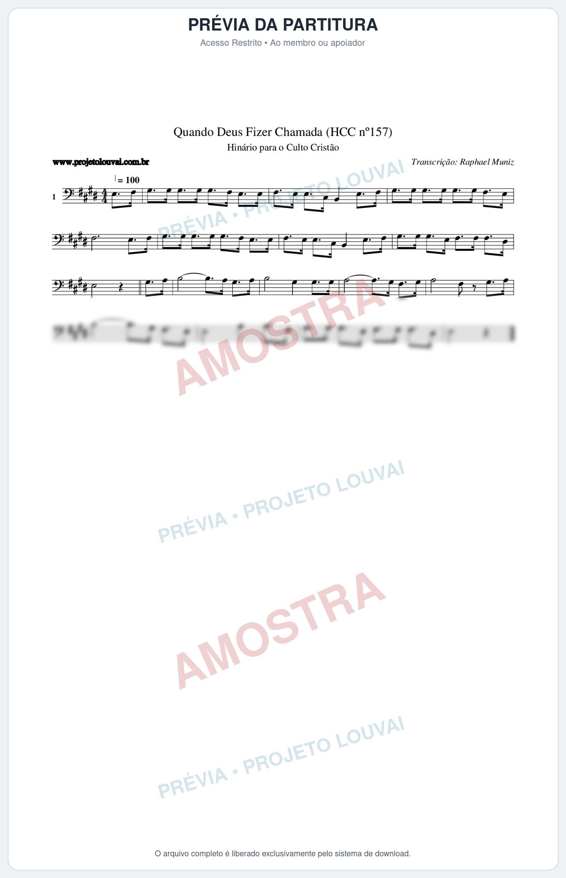 Prévia protegida da primeira página da partitura Partitura da música Quando Deus Fizer Chamada (HCC nº157) - Hinário para o Culto Cristão - Tom E