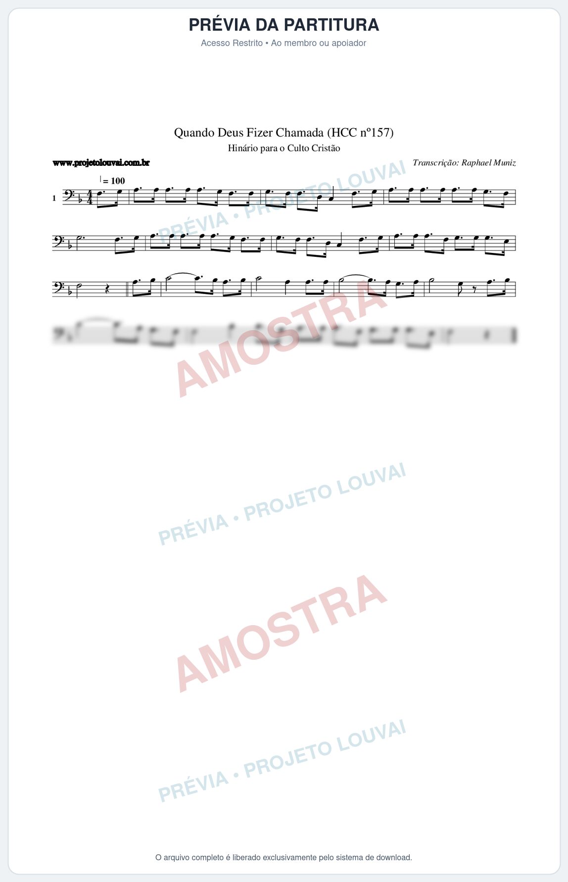 Prévia protegida da primeira página da partitura Partitura da música Quando Deus Fizer Chamada (HCC nº157) - Hinário para o Culto Cristão - Tom F