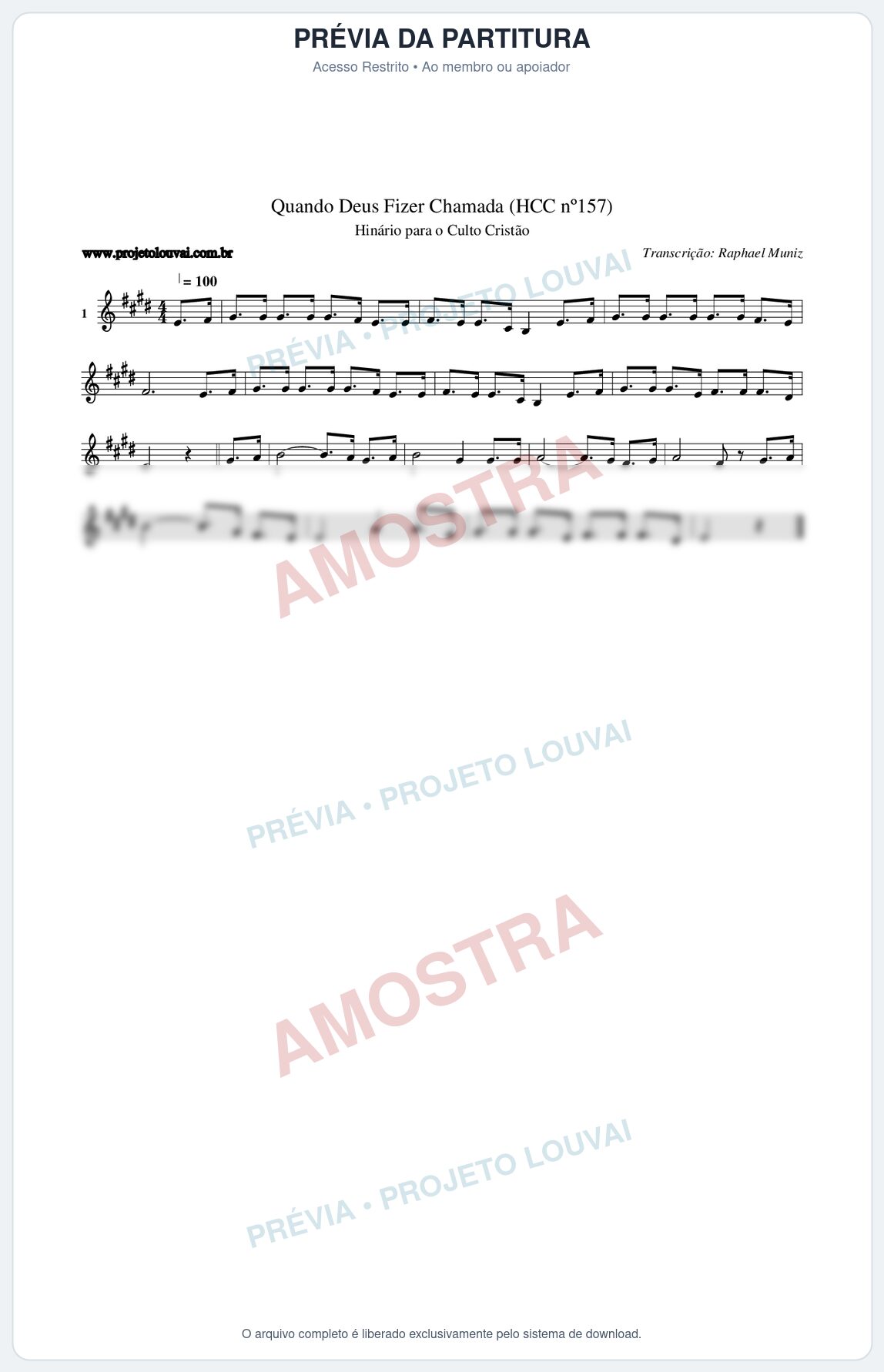 Prévia protegida da primeira página da partitura Partitura da música Quando Deus Fizer Chamada (HCC nº157) - Hinário para o Culto Cristão - Tom E
