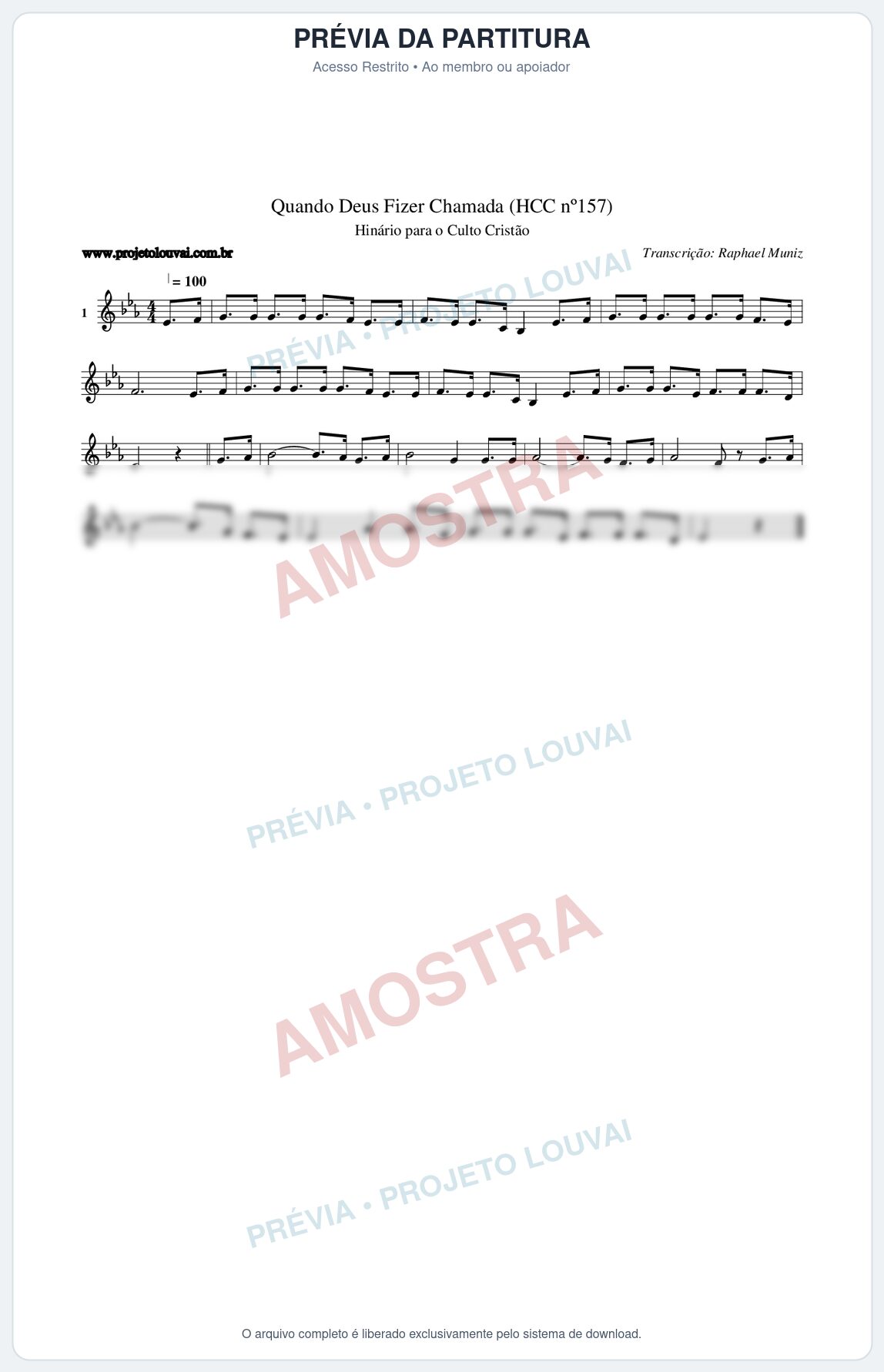 Prévia protegida da primeira página da partitura Partitura da música Quando Deus Fizer Chamada (HCC nº157) - Hinário para o Culto Cristão - Tom Eb