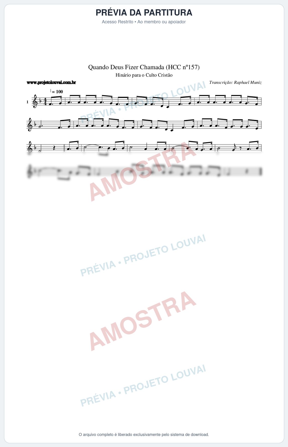 Prévia protegida da primeira página da partitura Partitura da música Quando Deus Fizer Chamada (HCC nº157) - Hinário para o Culto Cristão - Tom F