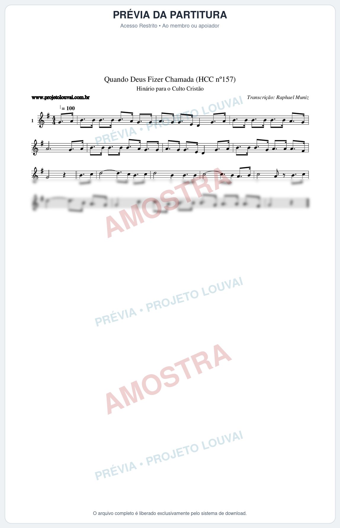 Prévia protegida da primeira página da partitura Partitura da música Quando Deus Fizer Chamada (HCC nº157) - Hinário para o Culto Cristão - Tom G