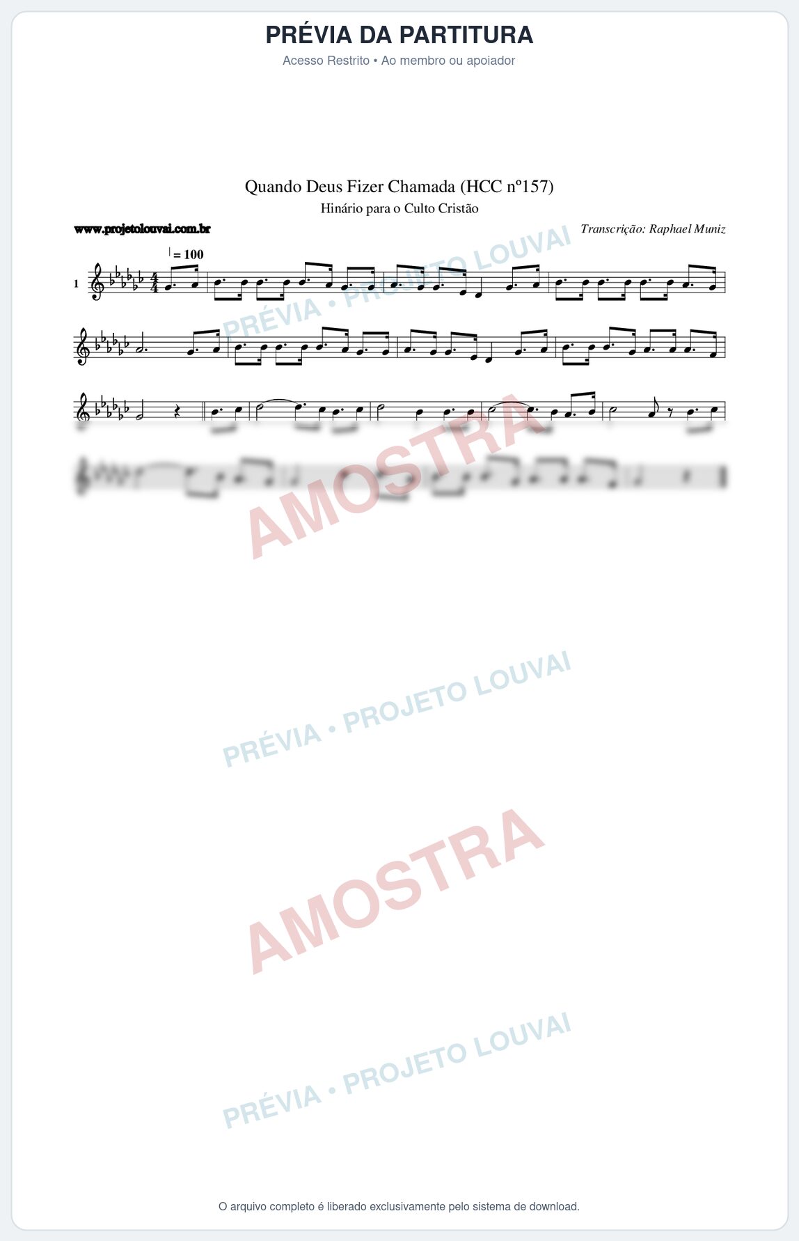 Prévia protegida da primeira página da partitura Partitura da música Quando Deus Fizer Chamada (HCC nº157) - Hinário para o Culto Cristão - Tom Gb