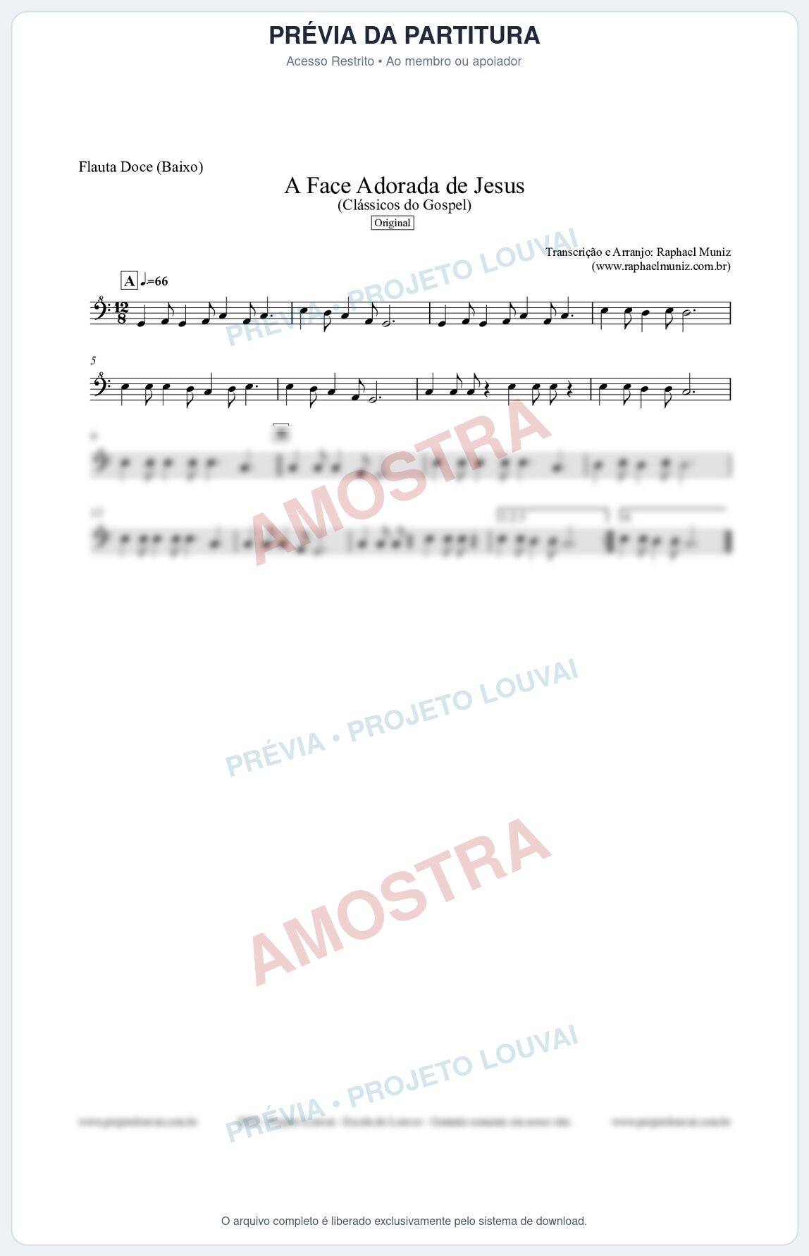 Prévia protegida da primeira página da partitura Partitura para Flauta Doce (Baixo) - A Face Adorada de Jesus - Harpa Cristã 304 (Tom C) - Clássicos do Gospel