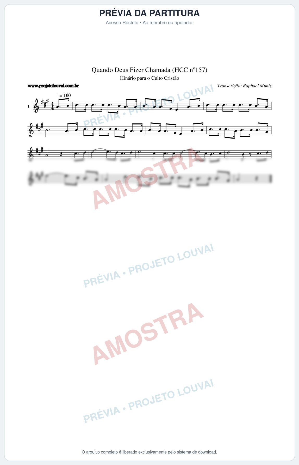 Prévia protegida da primeira página da partitura Partitura da música Quando Deus Fizer Chamada (HCC nº157) - Hinário para o Culto Cristão - Tom A