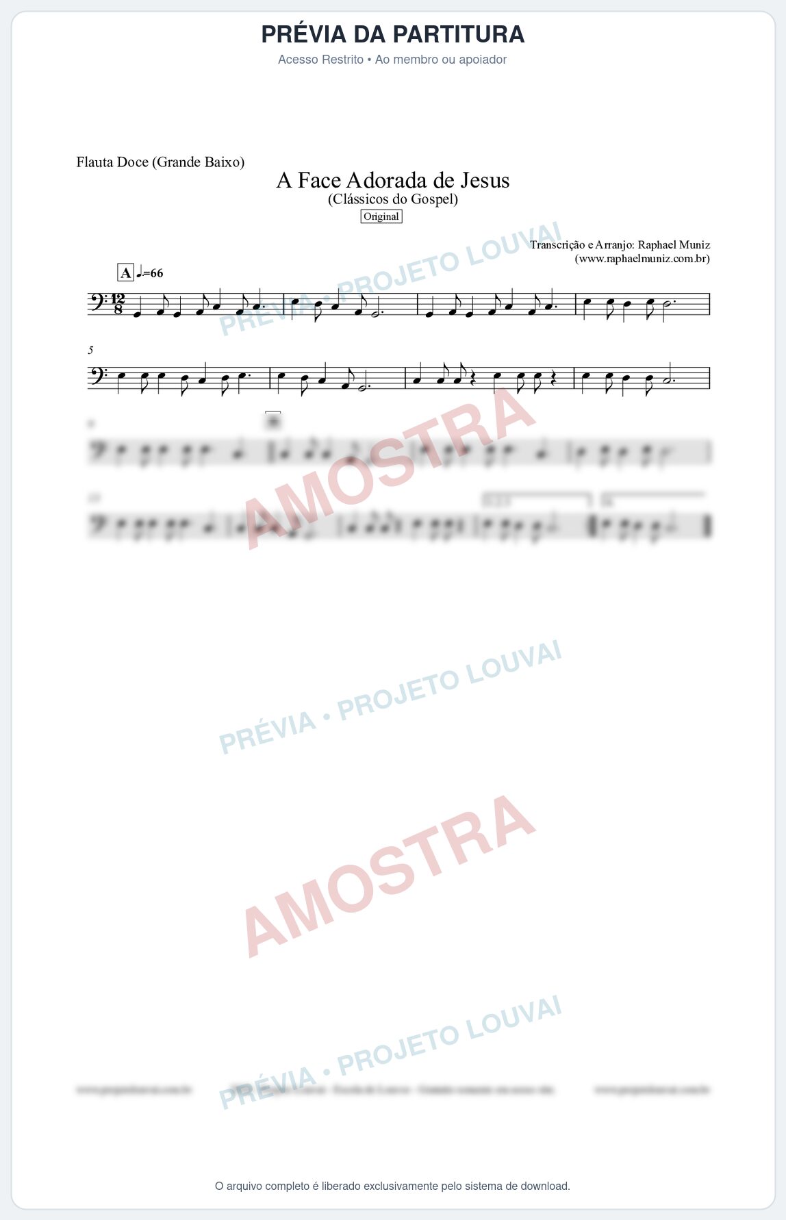 Prévia protegida da primeira página da partitura Partitura para Flauta Doce (Grande Baixo) - A Face Adorada de Jesus - Harpa Cristã 304 (Tom C) - Clássicos do Gospel