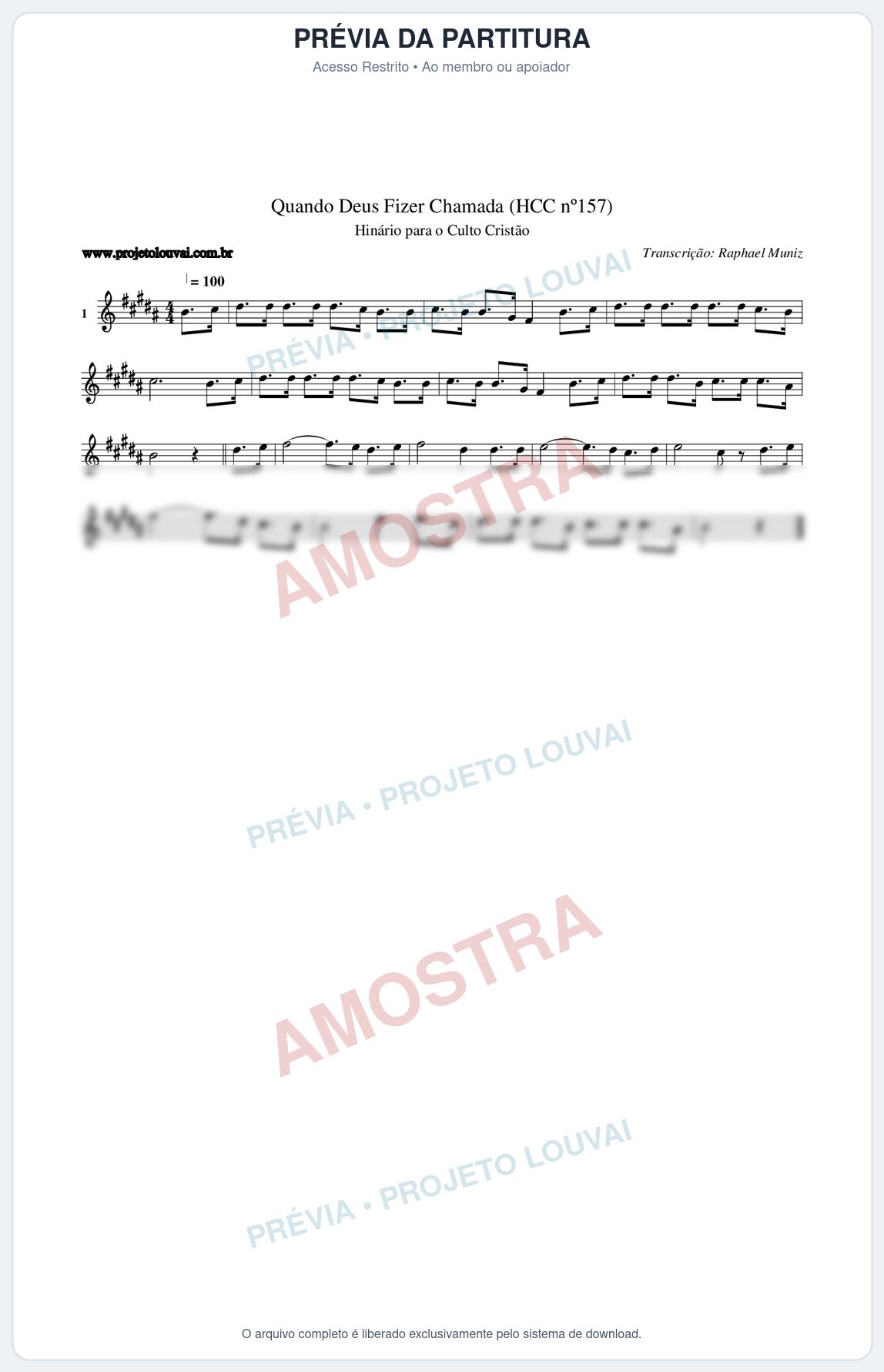 Prévia protegida da primeira página da partitura Partitura da música Quando Deus Fizer Chamada (HCC nº157) - Hinário para o Culto Cristão - Tom B