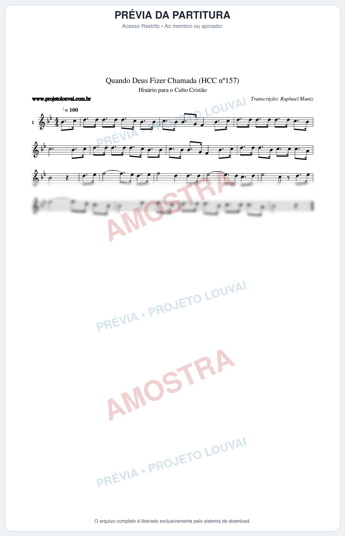 Prévia protegida da primeira página da partitura Partitura da música Quando Deus Fizer Chamada (HCC nº157) - Hinário para o Culto Cristão - Tom Bb