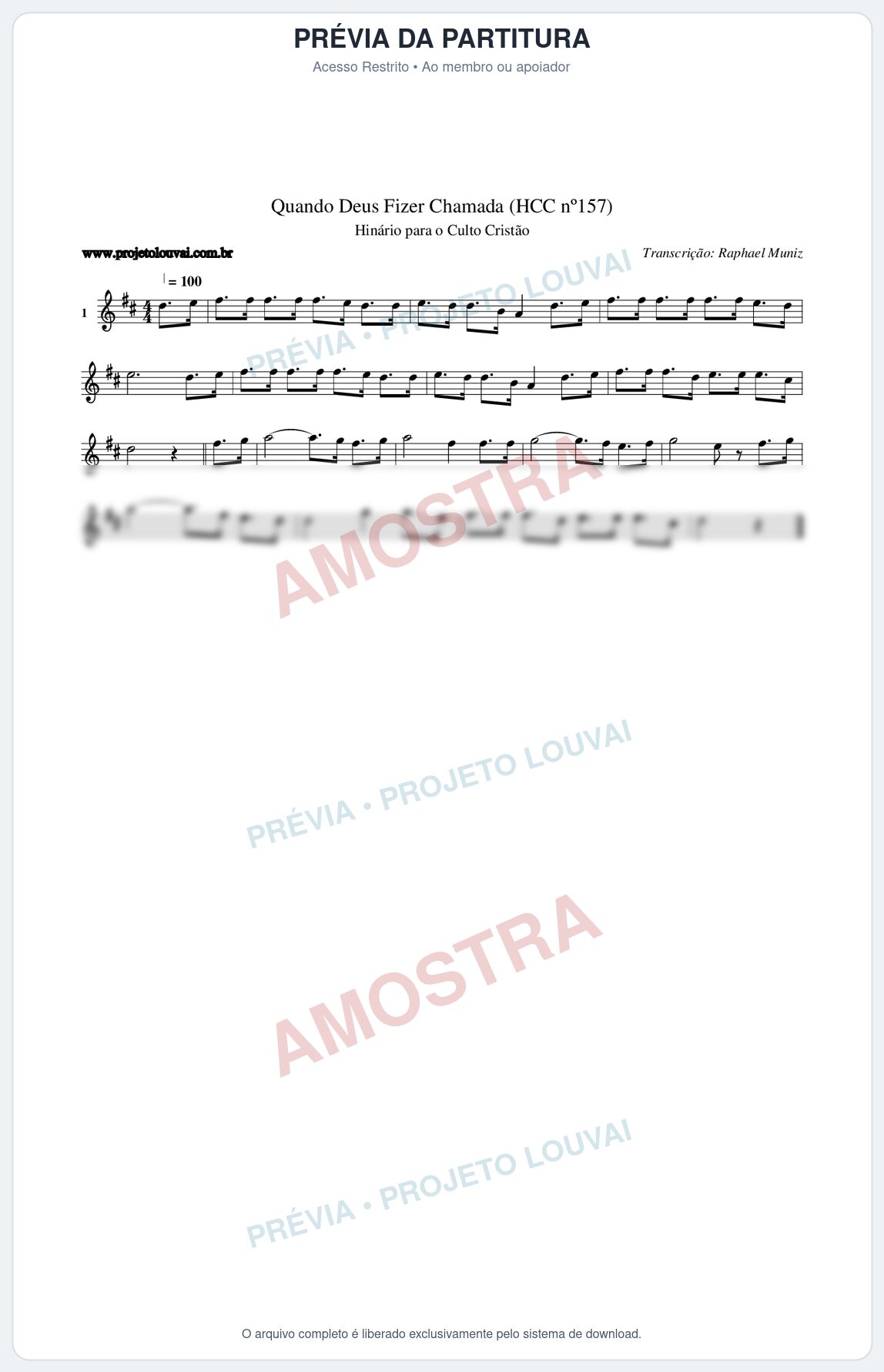 Prévia protegida da primeira página da partitura Partitura da música Quando Deus Fizer Chamada (HCC nº157) - Hinário para o Culto Cristão - Tom D