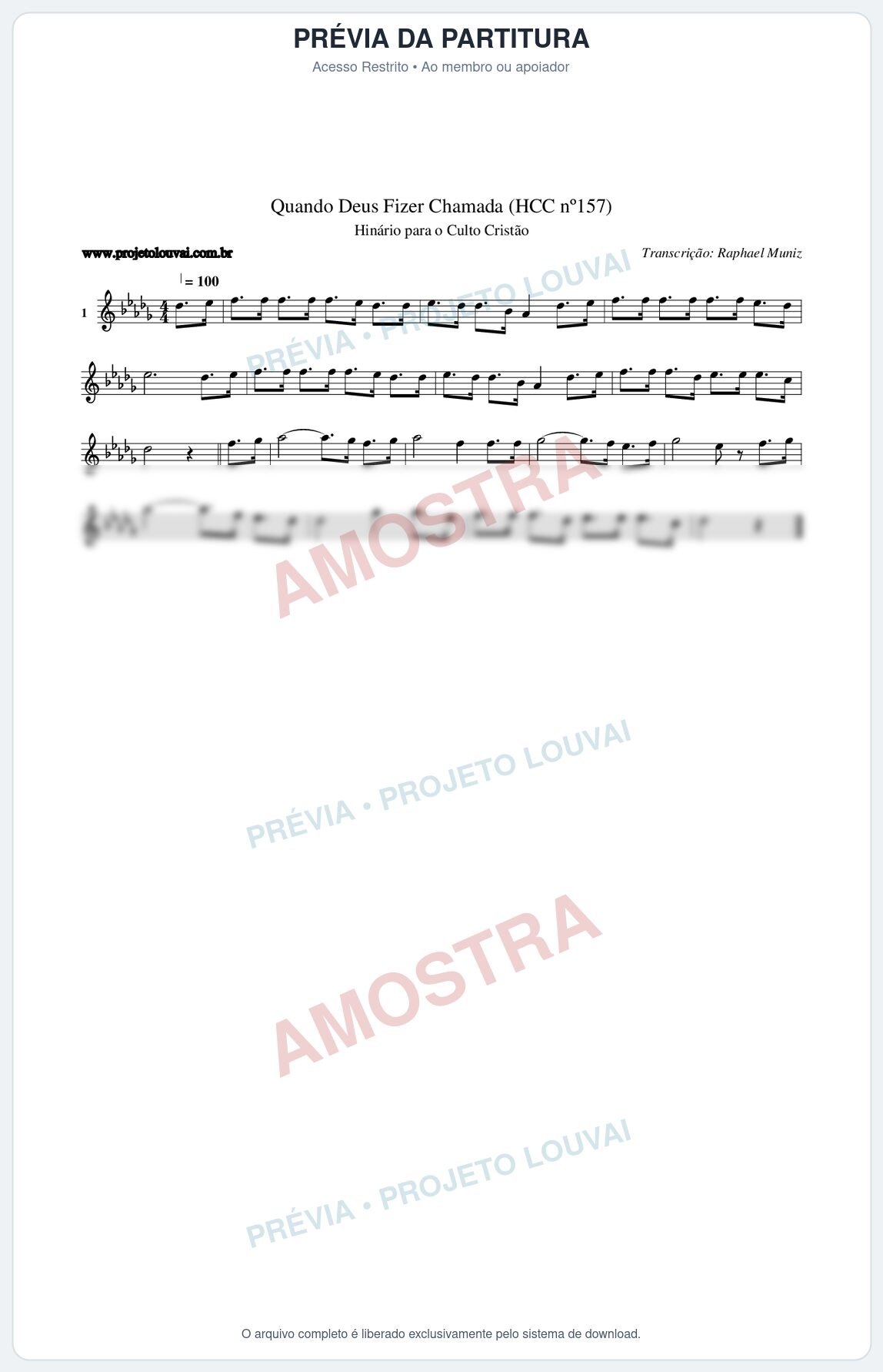 Prévia protegida da primeira página da partitura Partitura da música Quando Deus Fizer Chamada (HCC nº157) - Hinário para o Culto Cristão - Tom Db