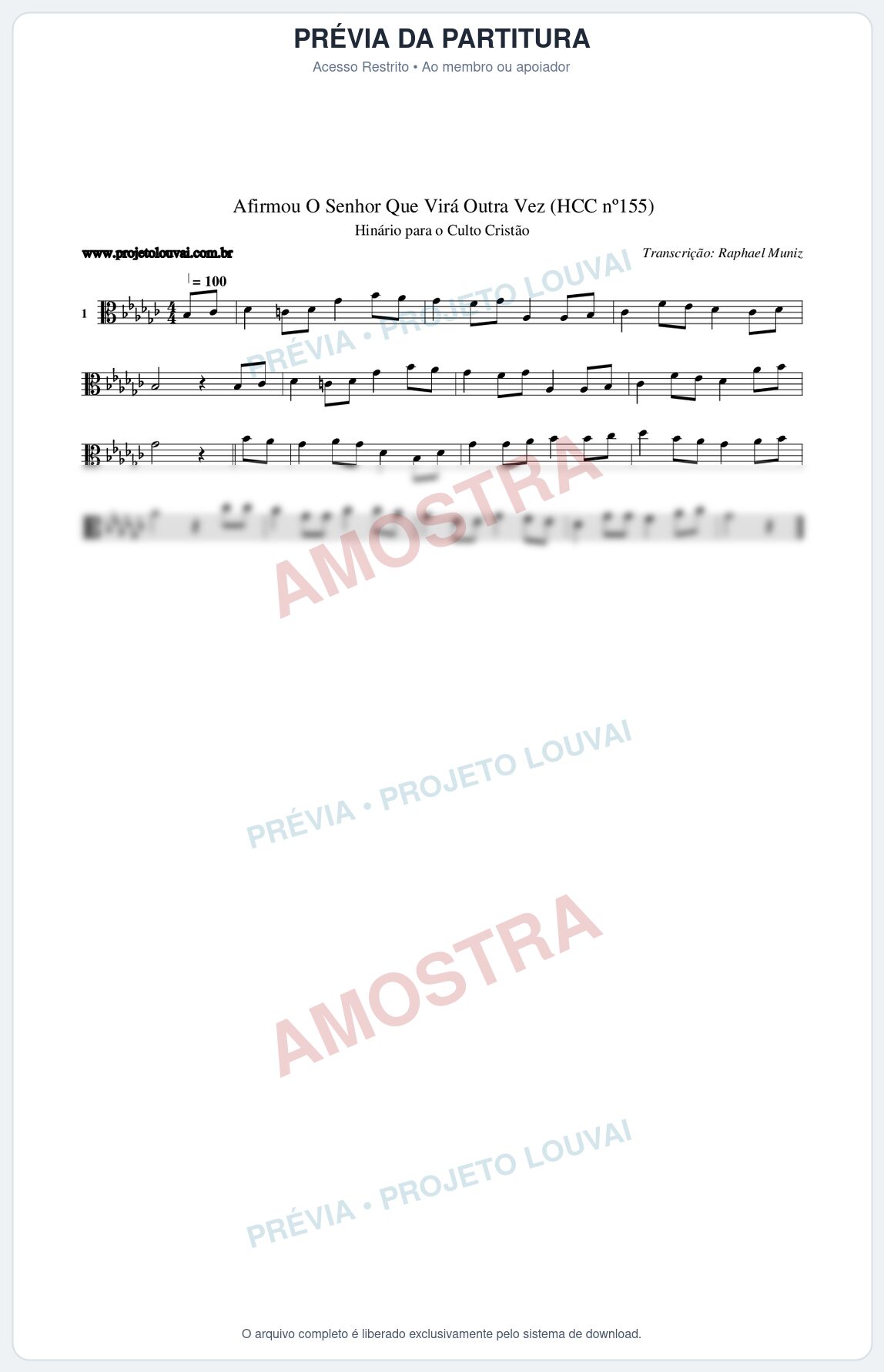 Prévia protegida da primeira página da partitura Partitura da música Afirmou O Senhor Que Virá Outra Vez (HCC nº155) - Hinário para o Culto Cristão - Tom Gb