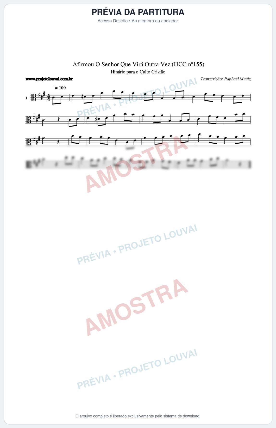 Prévia protegida da primeira página da partitura Partitura da música Afirmou O Senhor Que Virá Outra Vez (HCC nº155) - Hinário para o Culto Cristão - Tom A