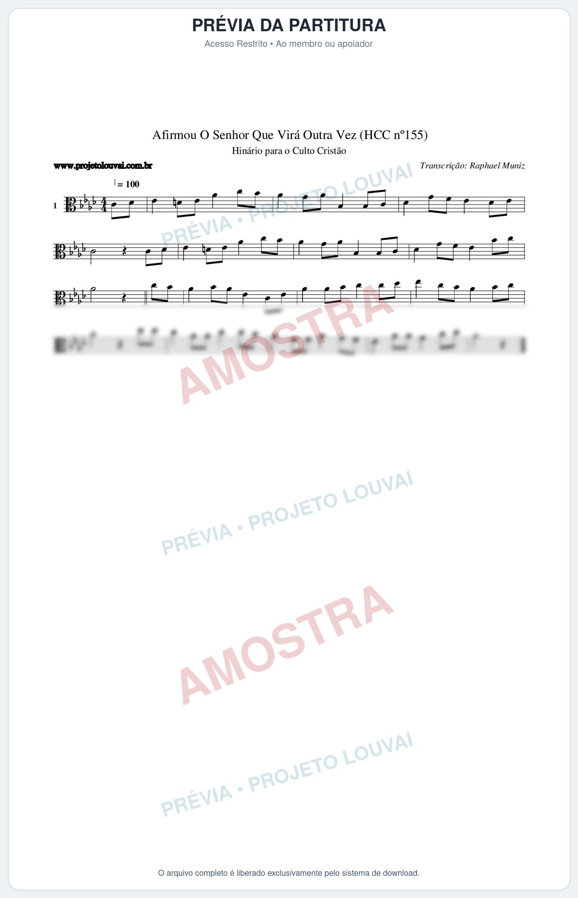 Prévia protegida da primeira página da partitura Partitura da música Afirmou O Senhor Que Virá Outra Vez (HCC nº155) - Hinário para o Culto Cristão - Tom Ab
