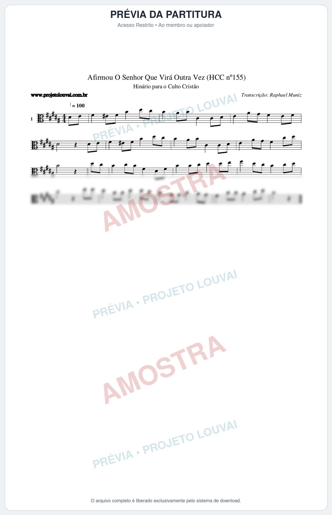 Prévia protegida da primeira página da partitura Partitura da música Afirmou O Senhor Que Virá Outra Vez (HCC nº155) - Hinário para o Culto Cristão - Tom B
