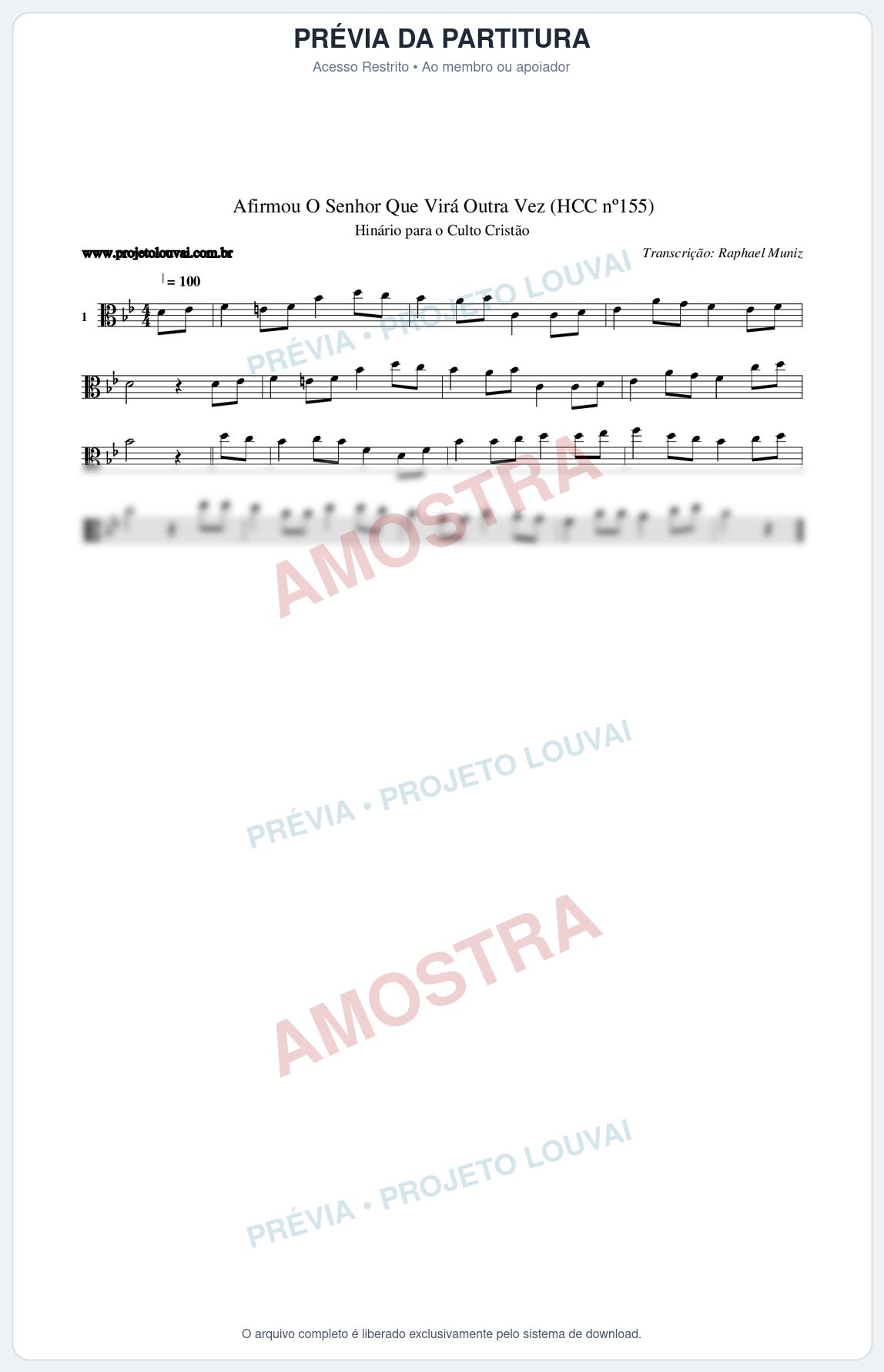 Prévia protegida da primeira página da partitura Partitura da música Afirmou O Senhor Que Virá Outra Vez (HCC nº155) - Hinário para o Culto Cristão - Tom Bb